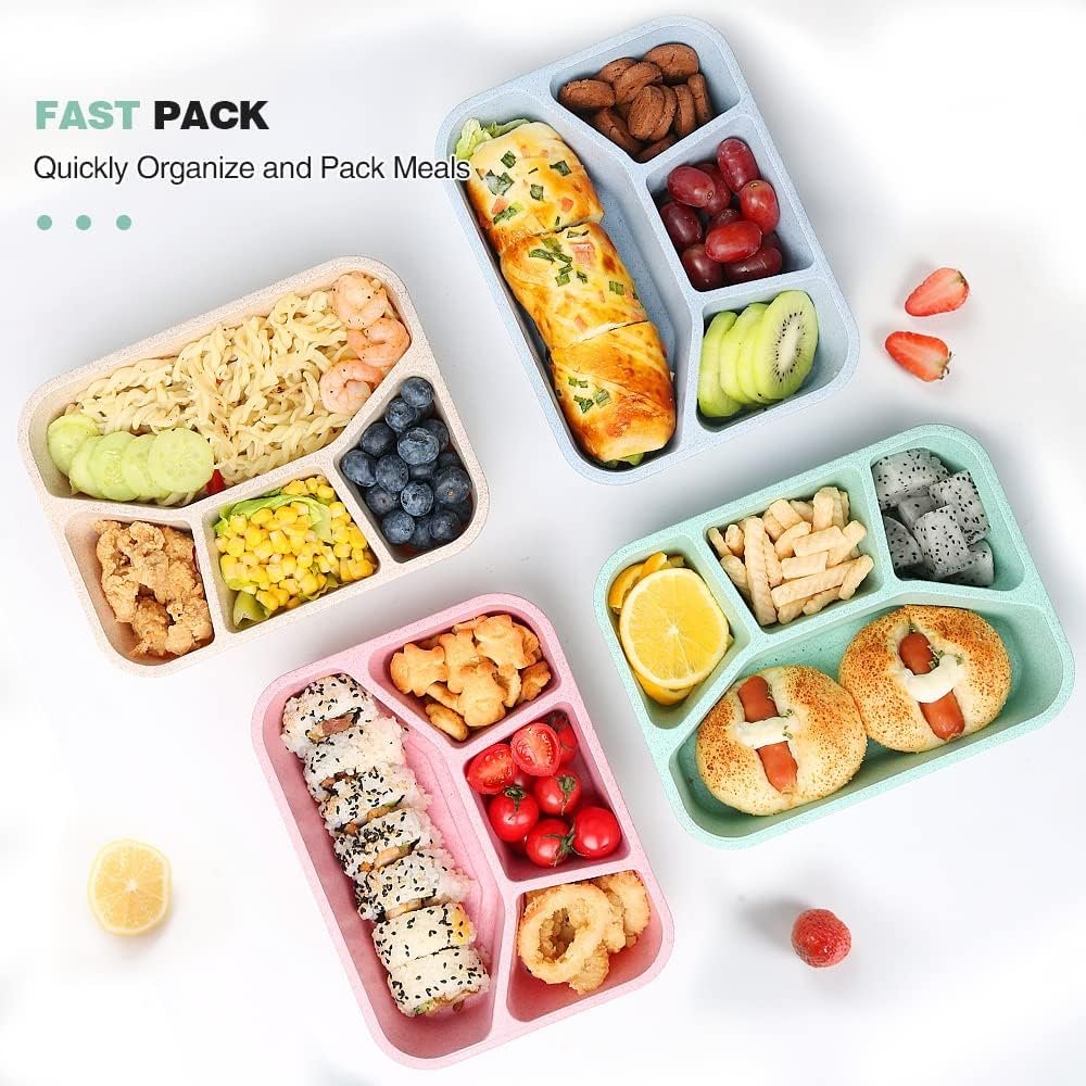 4 Pack Bento Lunch Box, 4 Compartment Meal Prep Containers, Lunch Box for Kids, BPA Free Plastic Reusable Food Storage Containers - Stackable, Suitable for Schools, Companies,Work and Travel - Image 4