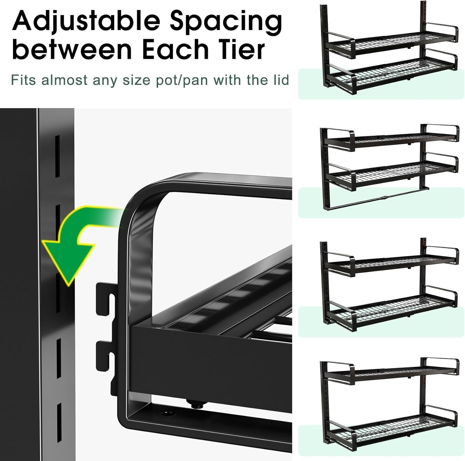 19"- 30" Expandable Hanging Pot Rack, 2 Tier Heavy Duty Wall Mounted Pots and Pans Organizer with 10 Hooks and 5 Pot Lid Holders, Pot Hanger Shelf for Kitchen Cookware Utensils Organizers and Storage - Image 4