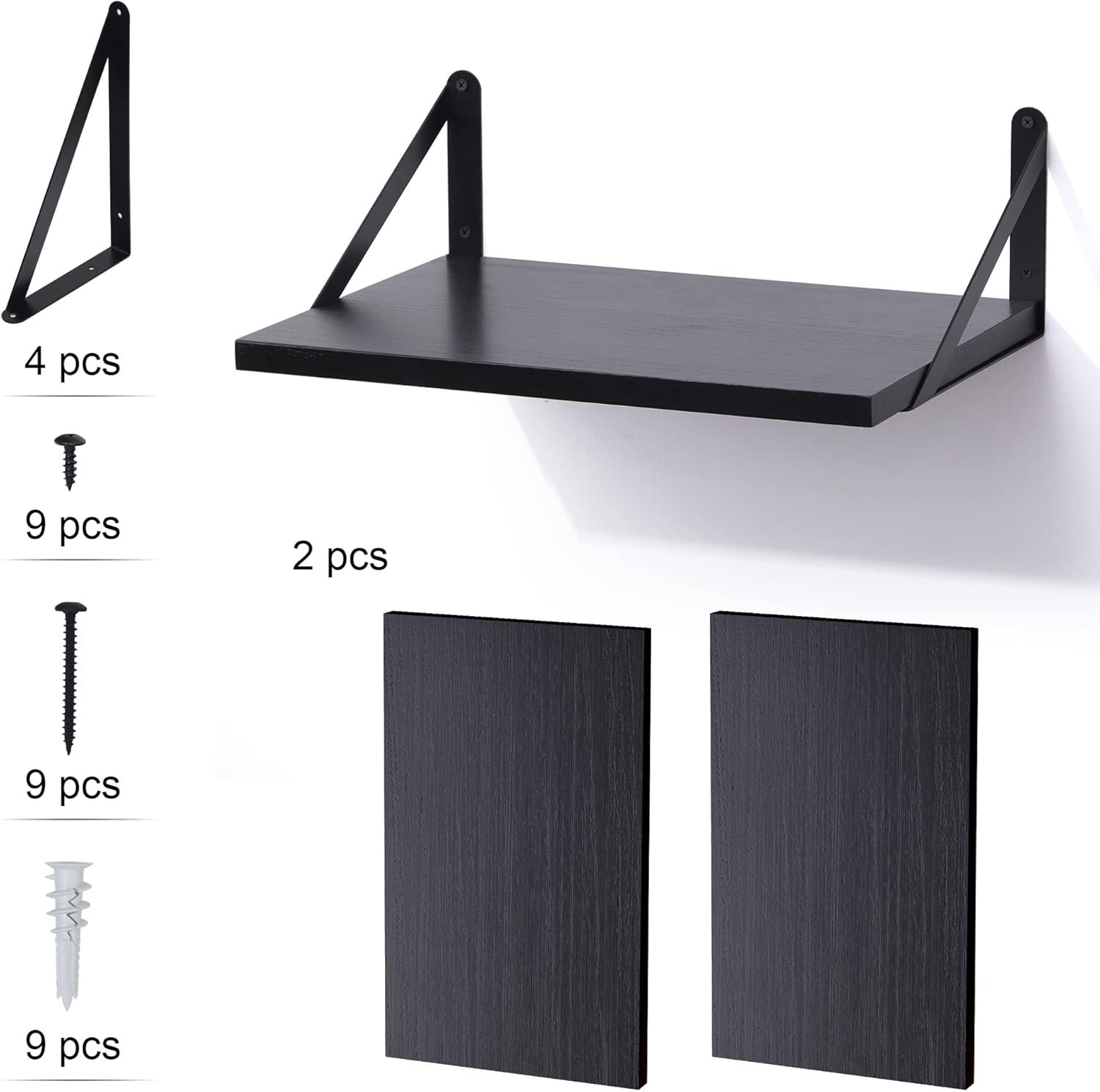 Marsmiles Black Floating Shelves for Wall, 12 Inch Deep Wood Wall Mounted Shelves Set of 2, 16W x 12D Wide Floating Wood Shelves for Bathroom Bedroom Kitchen Living Room, Black - Image 8
