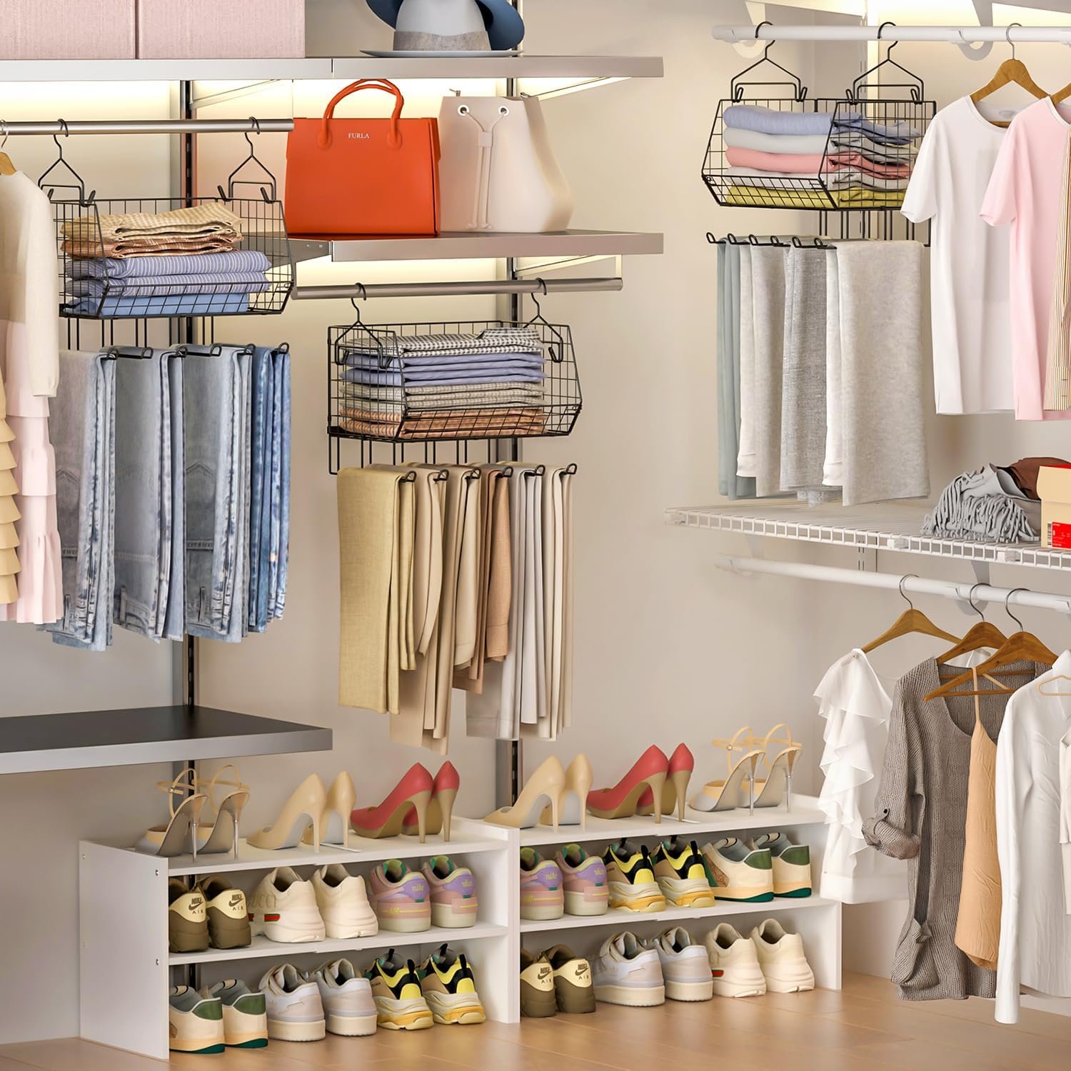 X-cosrack 2-Packs Hanging Closet Organizers and Storage with Pants Hanger, Collapsible Hanging Closet Shelves, Adjustable Hanging Organizer for Closet & RV, Black Large - Image 6