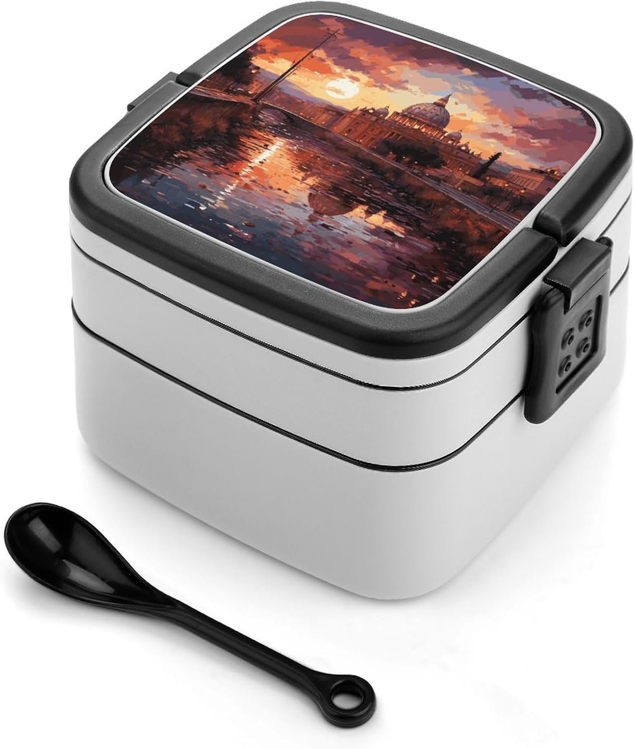Rome Sunset Bento Box with Spoon, 2-layer Stackable Lunch Box Leak Proof with Invisible Handle, Insulated Food Storage for Office, Picnic & Travel - Image 2
