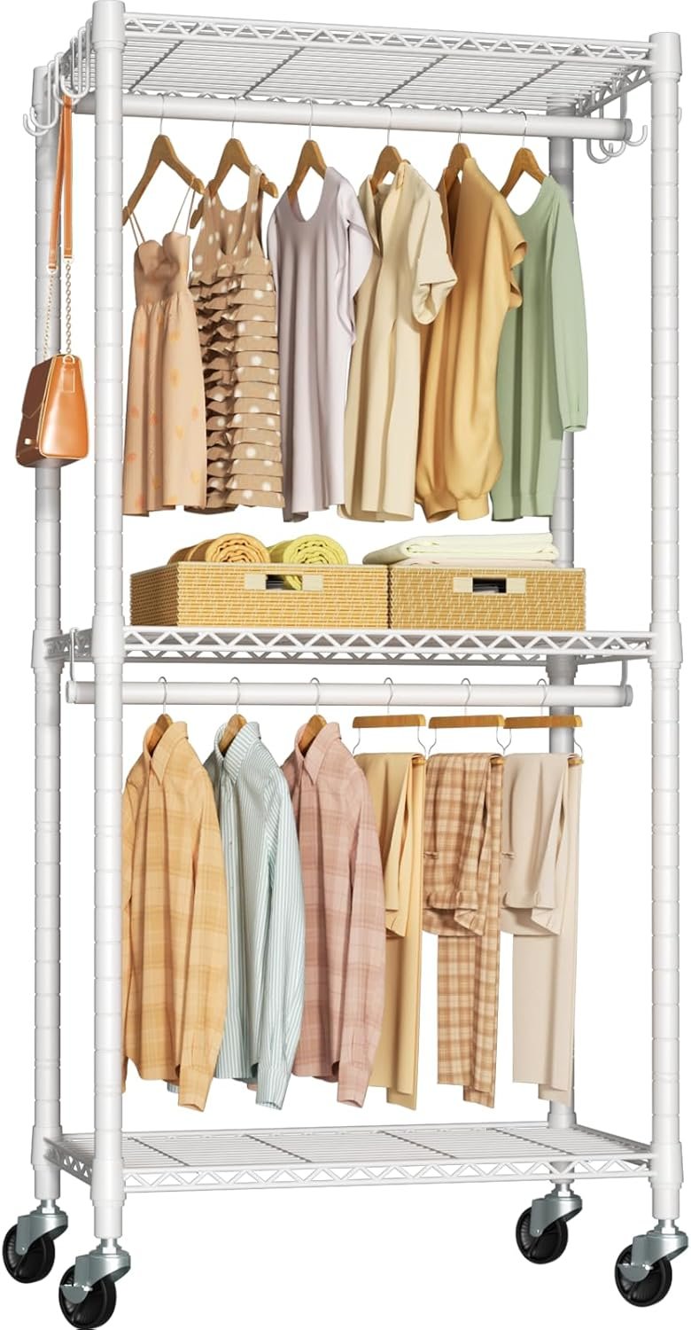 P3 Mini Rolling Clothes Rack, Clothing Racks for Hanging Clothes, Heavy Duty Garment Rack, Freestanding Portable Closet Rack 23.6'' W x 14'' D x 78.5'' H, Max Load 430 Lbs, White - Image 2