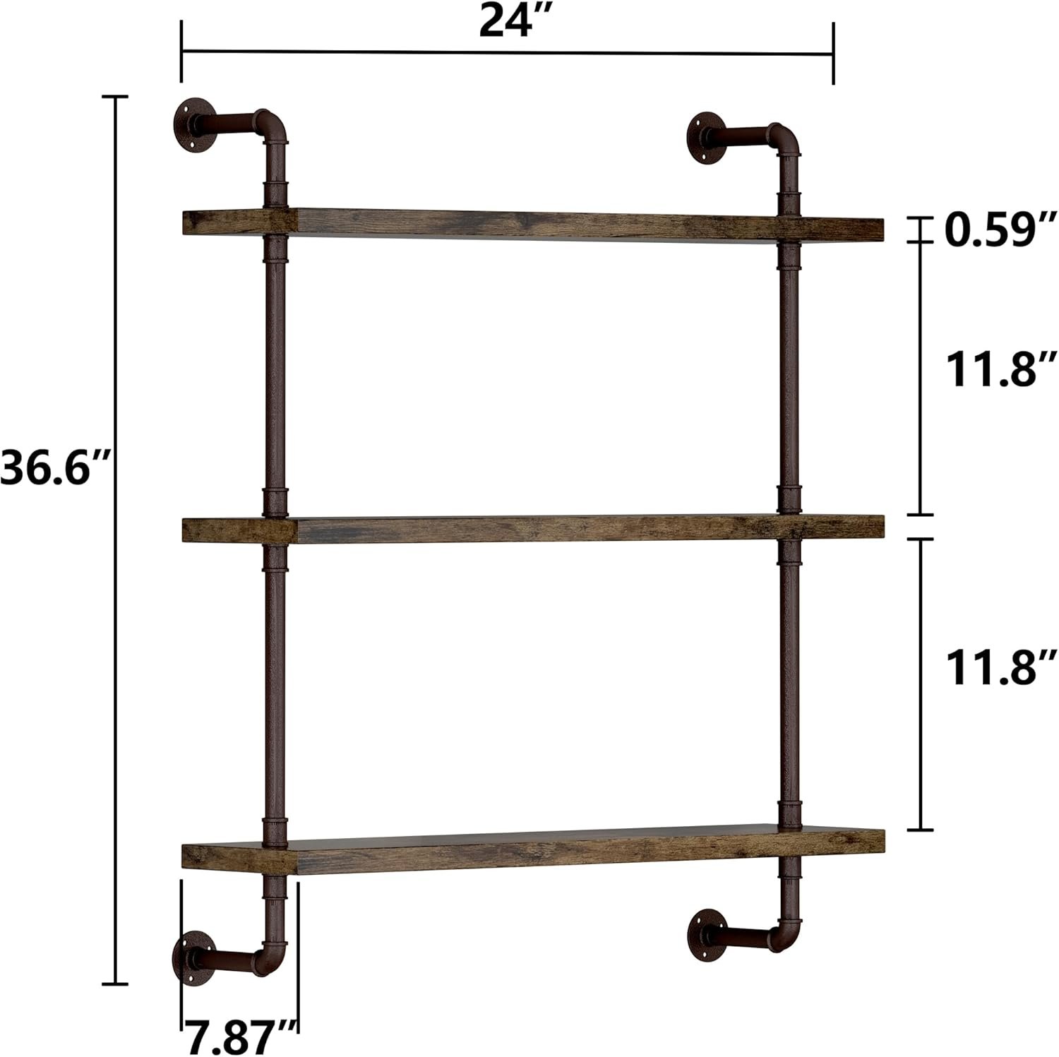 Helsin 3 Tier Industrial Pipe Shelf Rustic Wood Floating Shelves,Wall Display Bookshelf,Storage Rack Sundries Holder for Kitchen Office Bathroom Organization and Home Decor (24inch) - Image 4