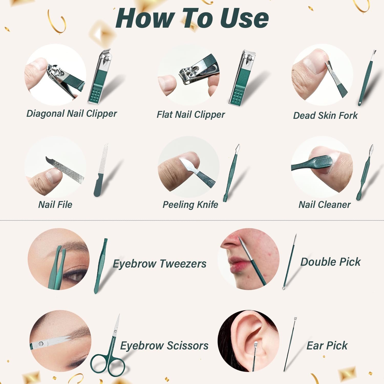 Manicure Set 10 in 1 Stainless Steel Nail Clippers Kit Gifts for Men and Women, Mens Travel Grooming Kits with Leather Travel Case Dark Green - Image 5