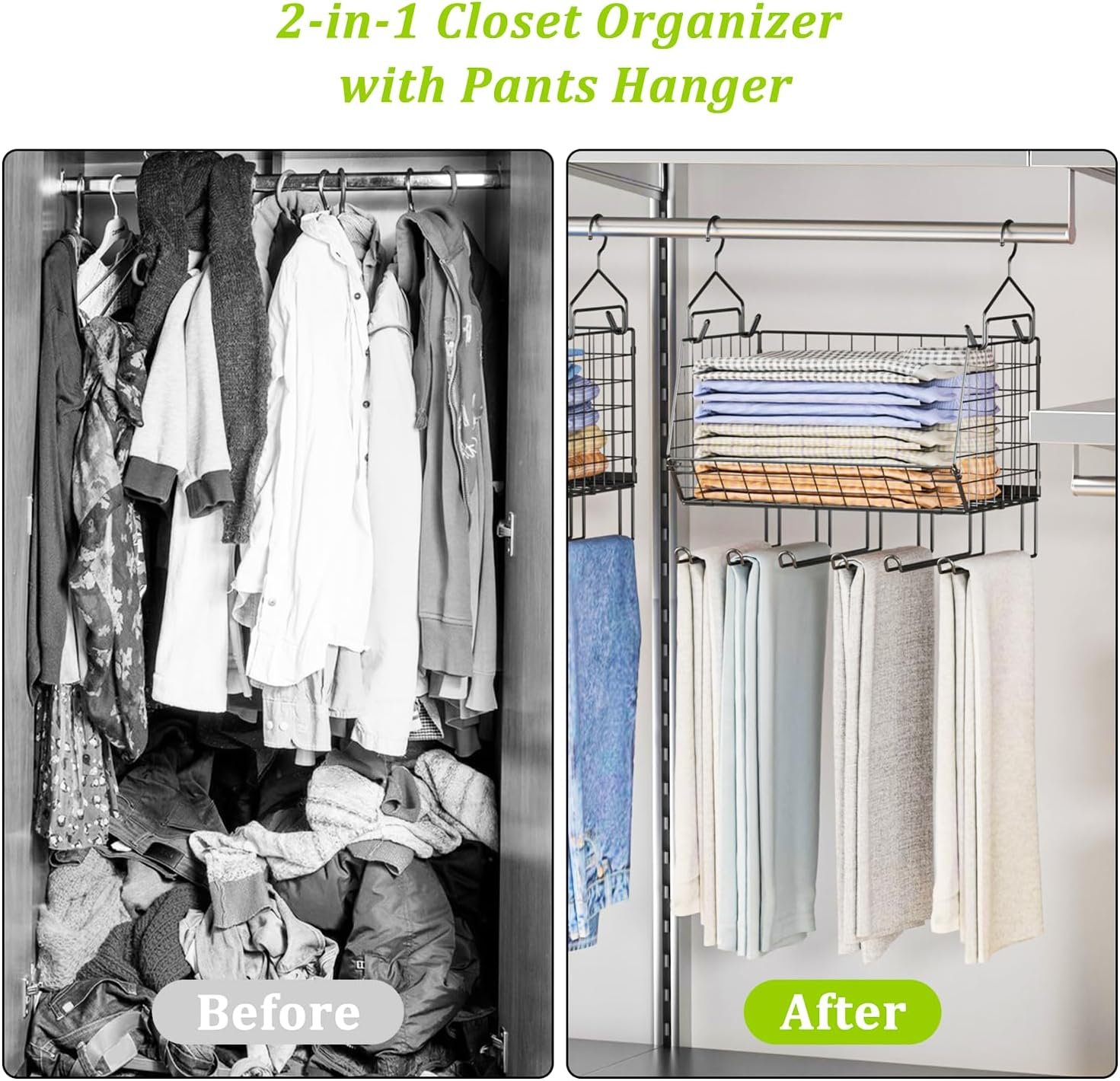 X-cosrack 2-Packs Hanging Closet Organizers and Storage with Pants Hanger, Collapsible Hanging Closet Shelves, Adjustable Hanging Organizer for Closet & RV, Black Large - Image 5