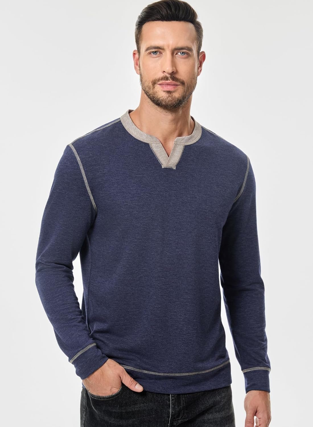 JMIERR Men's Slim Henley Shirts V-neck Longline T-Shirt Casual Lightweight Sweatshirts Fitted Raglan Sleeve Tees Shirts - Image 7