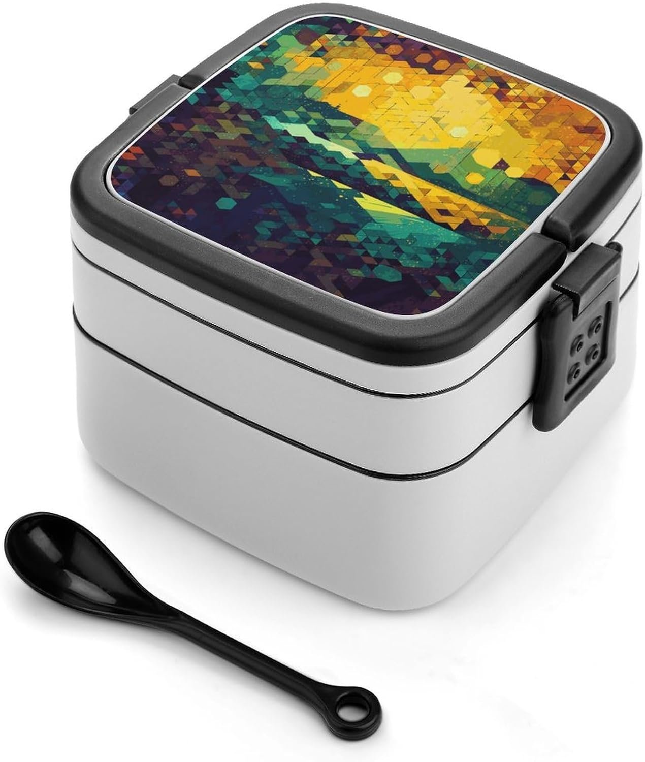 Shiny Hexagon Bento Box with Spoon, 2-layer Stackable Lunch Box Leak Proof with Invisible Handle, Insulated Food Storage for Office, Picnic & Travel - Image 2