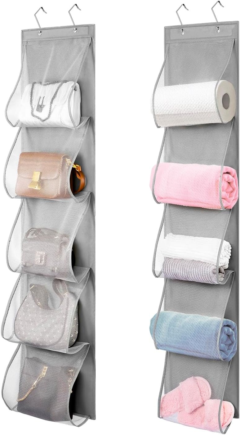 2 Pack Over the Door Hanging Vinyl Organizer Embroidery Stabilizer Holder Purse Storage for Closet Bath Towel Hanger Scarf Container 5 Large Pockets (One Side) - Image 2