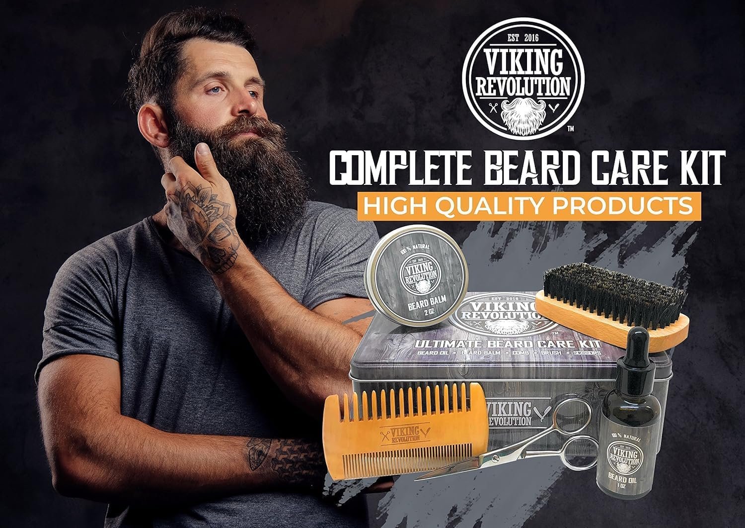Viking Revolution Beard Care Kit for Men - Kit includes 100% Boar Beard Brush, Wooden Comb, Beard Balm, Beard Oil, Beard & Mustache Scissors in a Metal Box - Image 4