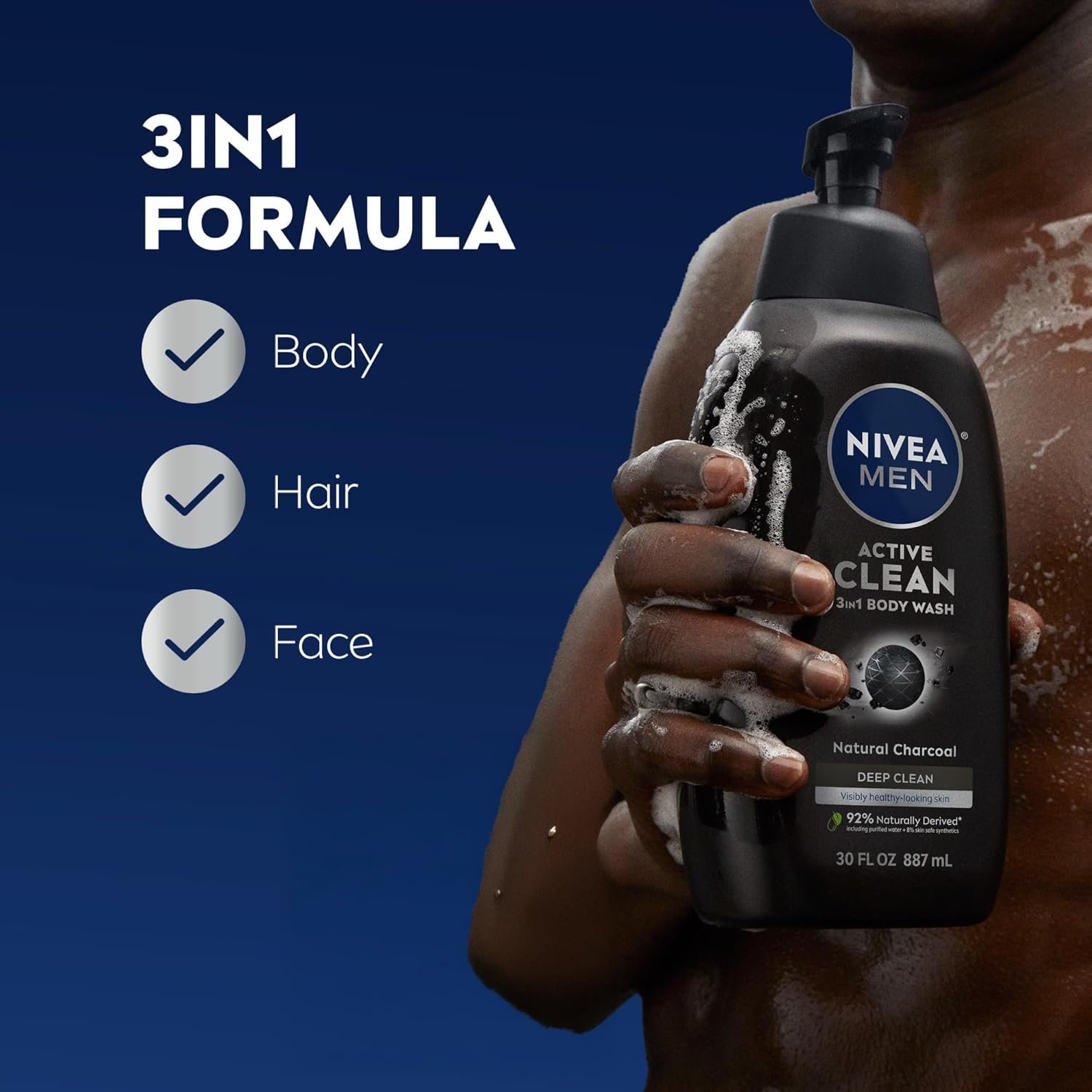 NIVEA Men Active Clean Body Wash with Natural Charcoal for Normal to Oily Skin, 3-in-1 Charcoal Body Wash, Face and Hair, Draws Out Dirt and Impurities, 30 Fl Oz Bottle - Image 3