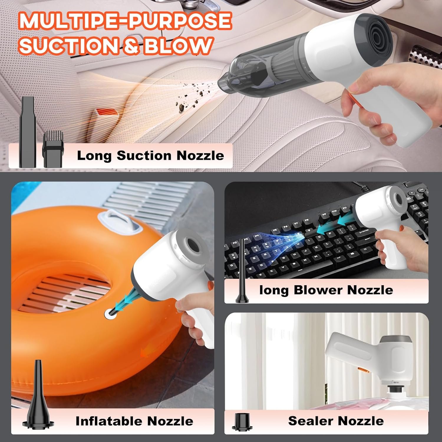 Car Vacuum Cleaner, Mini Handheld Vacuum Portable Cordless 3 in 1 Dust Buster & Air Blower & Hand Pump, 15000PA Rechargeable Small Hand Vacuum High Power for Car, Home, Office - Image 5