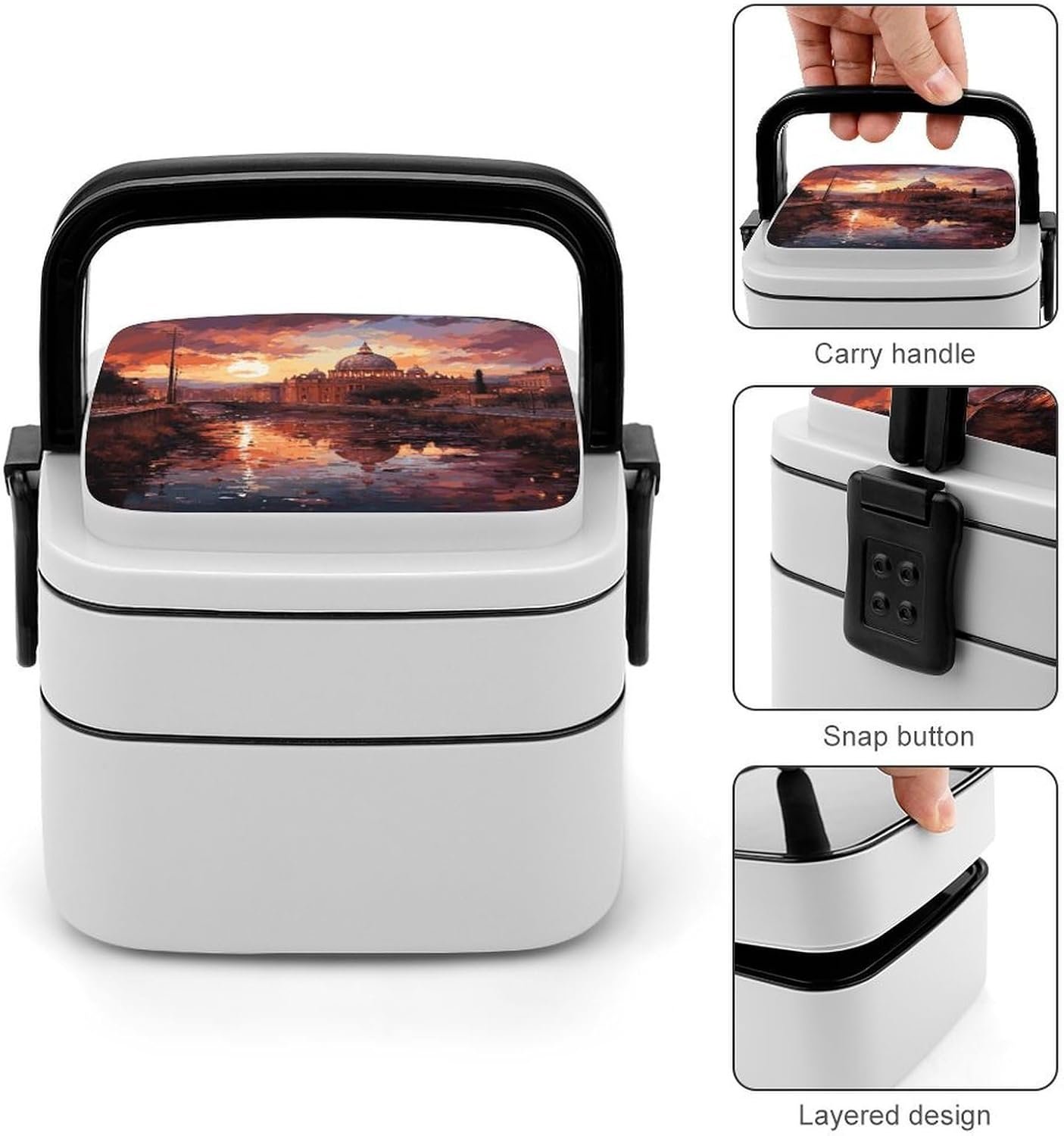 Rome Sunset Bento Box with Spoon, 2-layer Stackable Lunch Box Leak Proof with Invisible Handle, Insulated Food Storage for Office, Picnic & Travel - Image 6