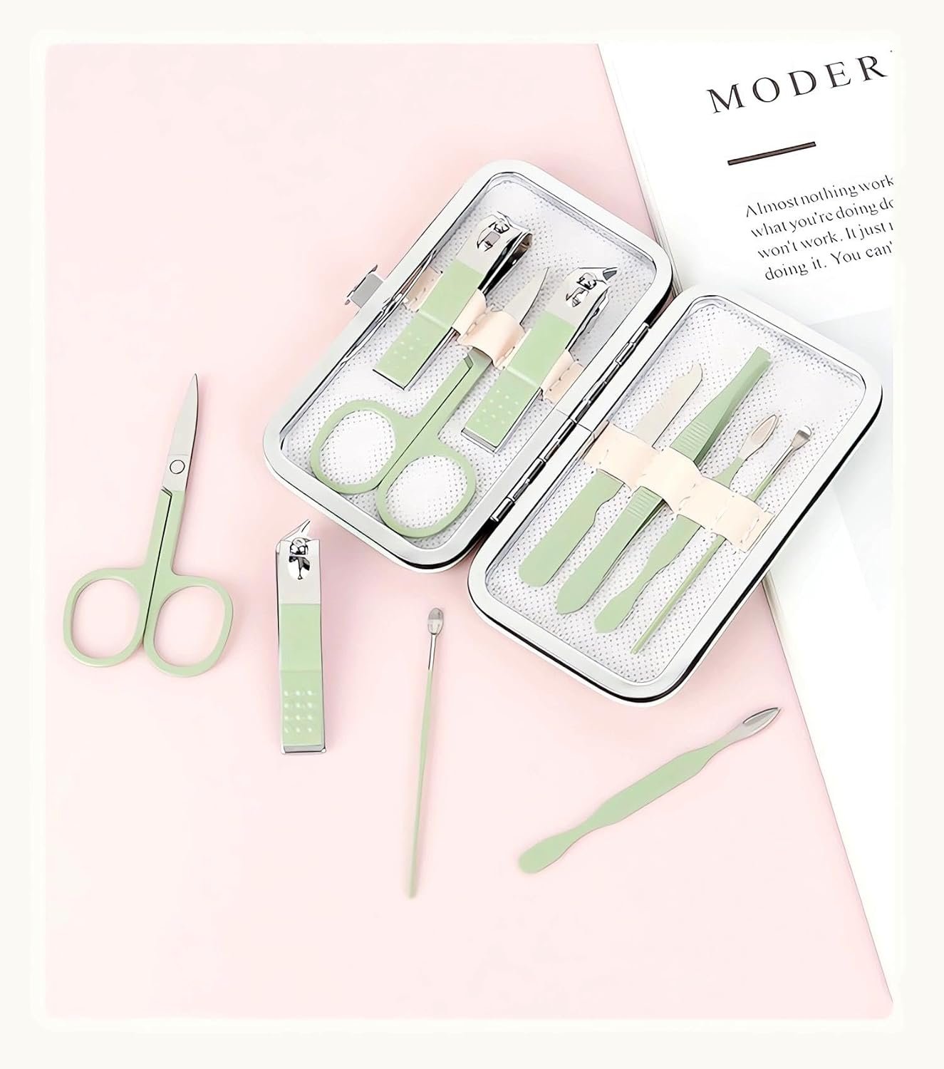 Manicure Set Nail Clipper Set, 7 Pcs Matcha Green Professional Manicure Pedicure Set, Nail Care Kit Beauty Tool, Purse Essentials Travel Nail Kit with Leather Case, Gift for Men and Women - Image 6