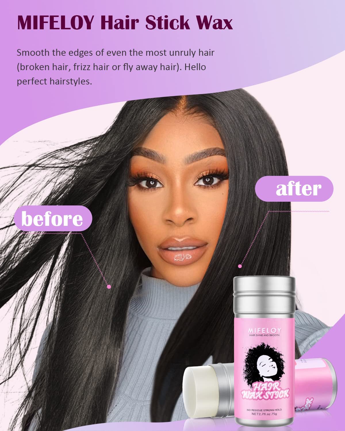 Hair Wax Stick, 2.7 oz - Pomade Tamer Stick for Smoothing Flyaways Edge Control, Long Lasting Styling Cream Gel, Women Slick Back Hair Glue, Bed Head for Wigs - Image 5