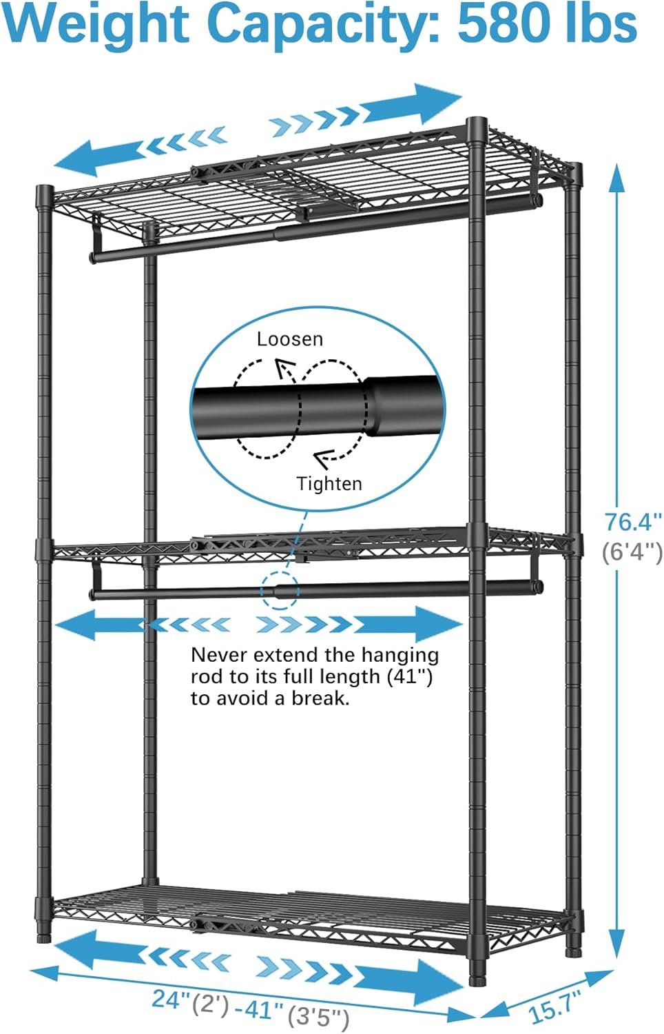 VIPEK X1 Expandable Clothes Rack Heavy Duty Adjustable from 2' to 3'5" with Adjustable Shelves and Hanger Rods, Reach-in & Walk-in Closets Metal Garment Racks Portable Closet, Black - Image 7