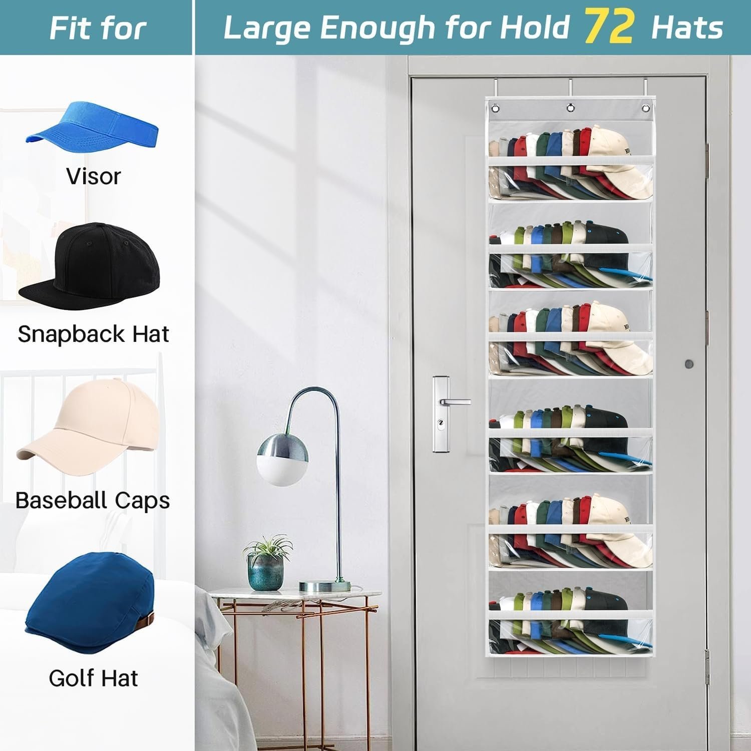 AOODA Clear Over the Door Hat Racks for Baseball Caps, Large Holds up to 72 Caps Hat Storage Organizer for Closet Wall, Deep Pockets Hanging Snapback Holder Shelves with 3 Hooks, White - Image 5