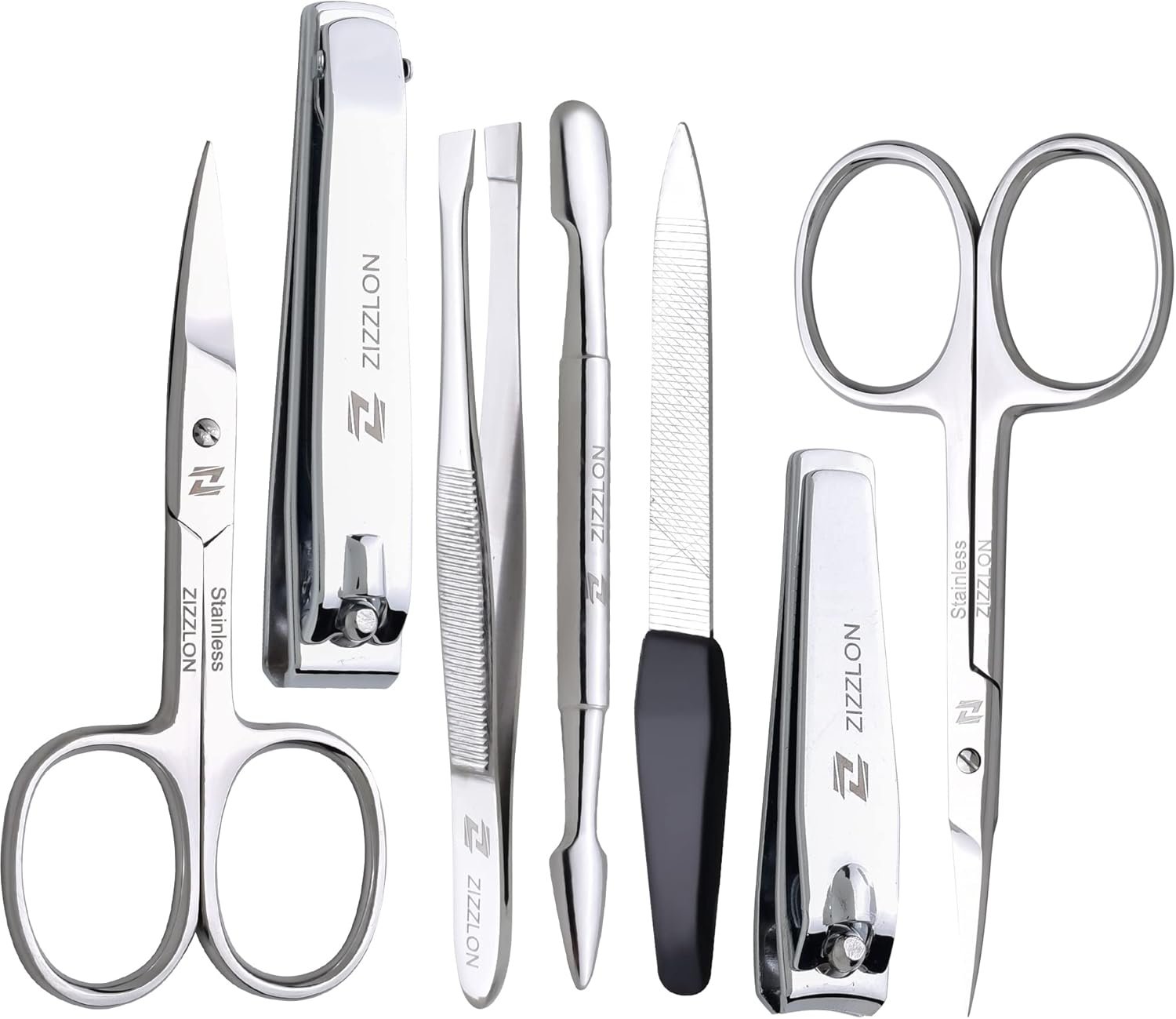 Manicure Set - Cuticle Scissors, Nail and Eyebrow Scissors, Nail Clippers, Cuticle Pusher, Nail File, Eyebrow Tweezers - Professional Mens Grooming Kit (7 in 1) - Image 3
