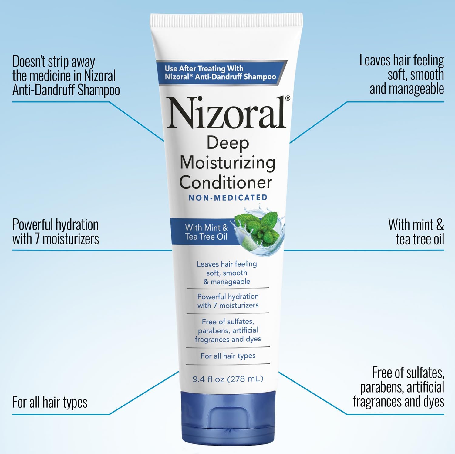 Nizoral Deep Moisturizing Conditioner with Mint & Tea Tree Oil for All Hair Types - Free of Sulfates, Parabens, Artificial Fragrances and Dyes, 9.4 oz - Image 4