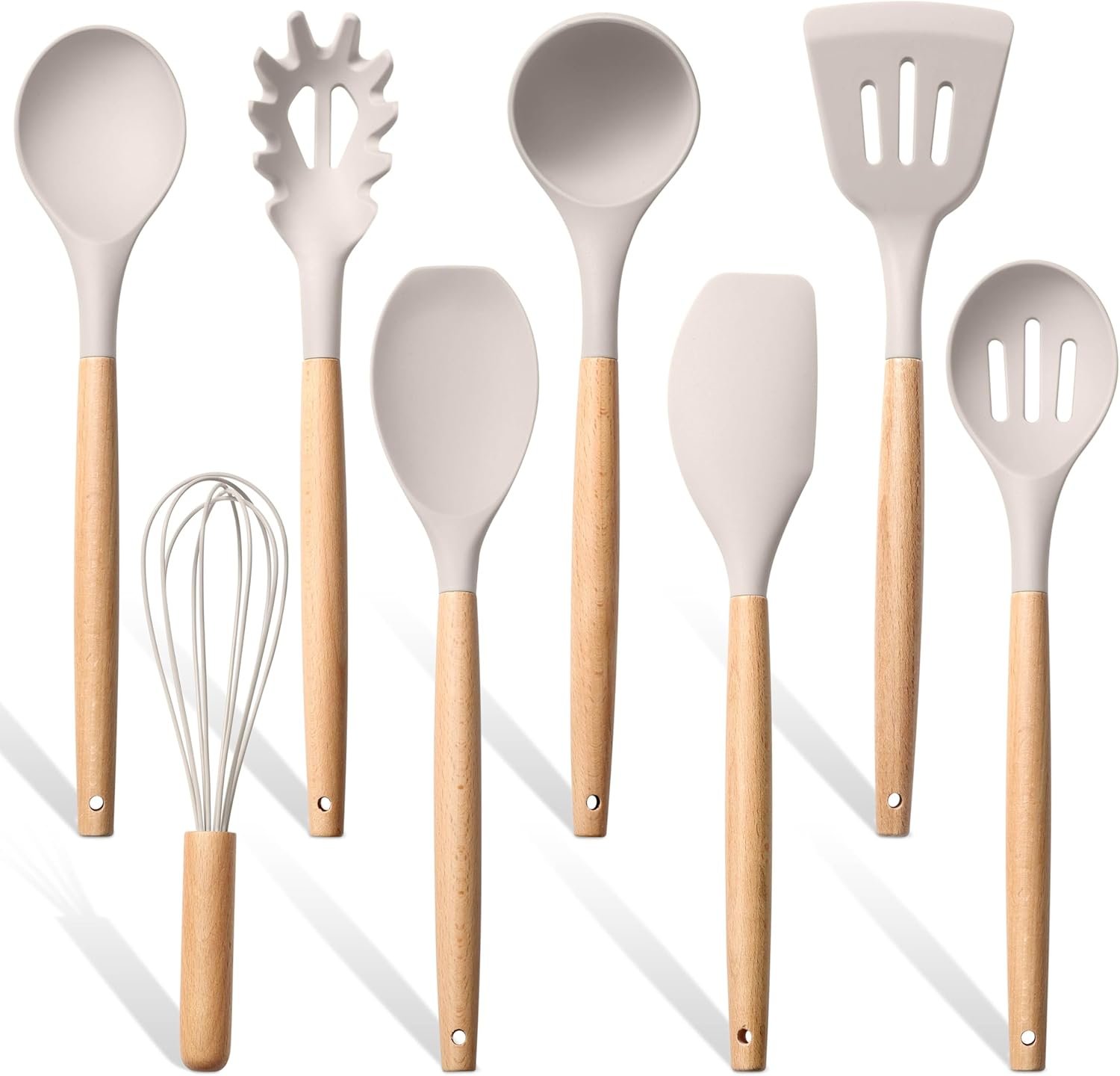 Herogo 8 Pcs Kitchen Cooking Utensils Set, Heat Resistant Non-Stick Silicone Cooking Kitchen Utensils Set with Wooden Handle, Food-Grade Silicone Spatula Spoon Turner Server Whisk Ladle (Khaki) - Image 2