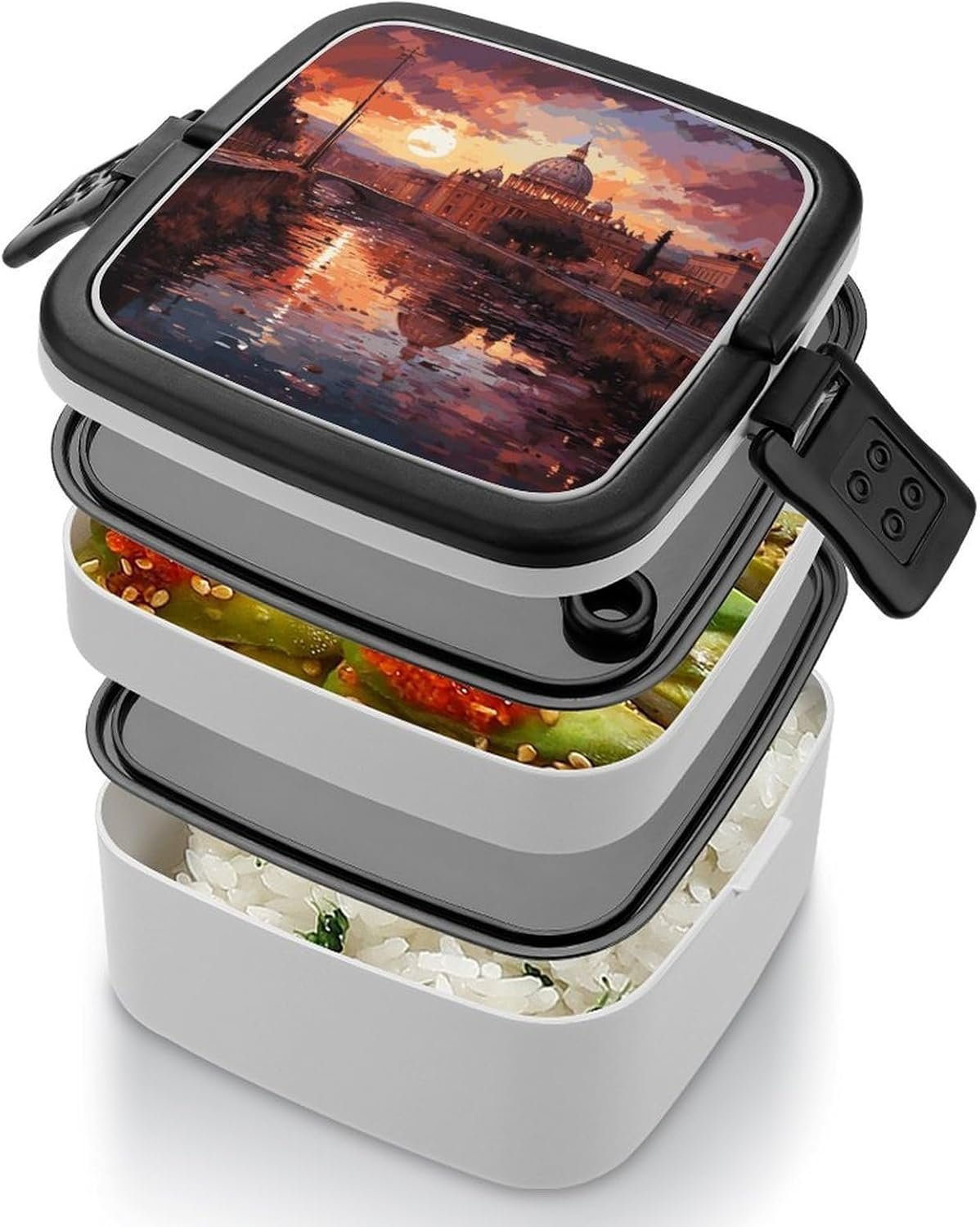 Rome Sunset Bento Box with Spoon, 2-layer Stackable Lunch Box Leak Proof with Invisible Handle, Insulated Food Storage for Office, Picnic & Travel - Image 5