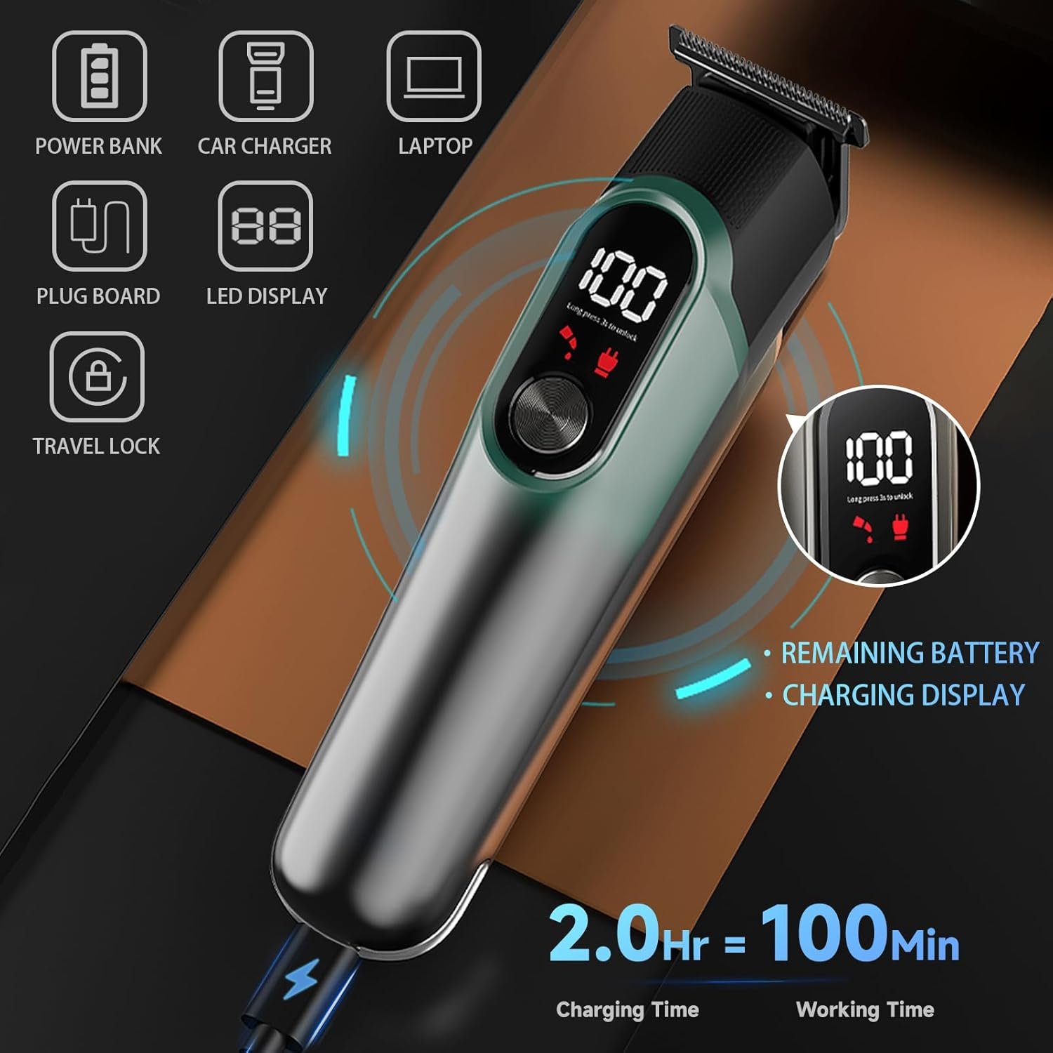 Beard Trimmer for Men, Hair Clippers for Men 5 in 1 Grooming Shaving Kit for Face, Mustache, Body, Ear, Nose, Waterproof Cordless Barber Clippers for Hair Cutting 822 Cyan - Image 3