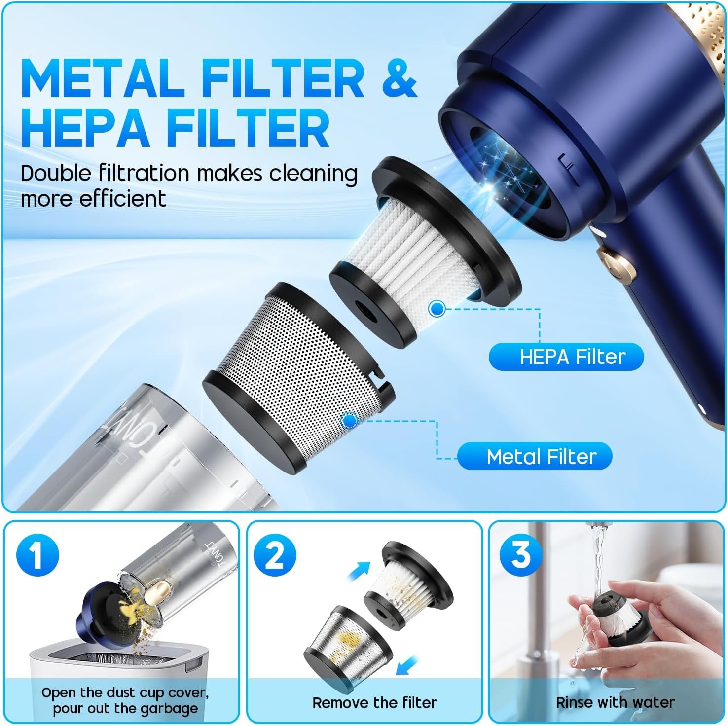 JONYJ Handheld Car Vacuum Cleaner, 16000PA Hand Held Vacuum Portable Cordless, 2 in 1 Air Duster and Vacuum Cleaner with LED Light, Multi-Nozzles, 120W High Power Mini Vacuum for Home, Pet, Office - Image 6