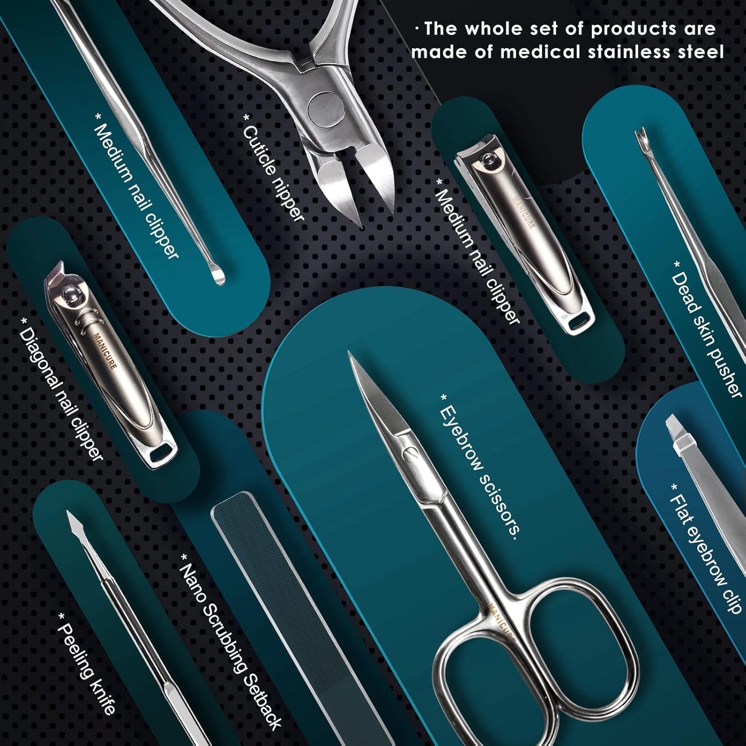 Manicure Set Professional 9 in 1 Nail Clippers Set, Stainless Steel Manicure kit with PU Leather Case, RedFlow Fingernail & Toenail Clippers Nail Kit, Grooming kit for Men(Black) - Image 4