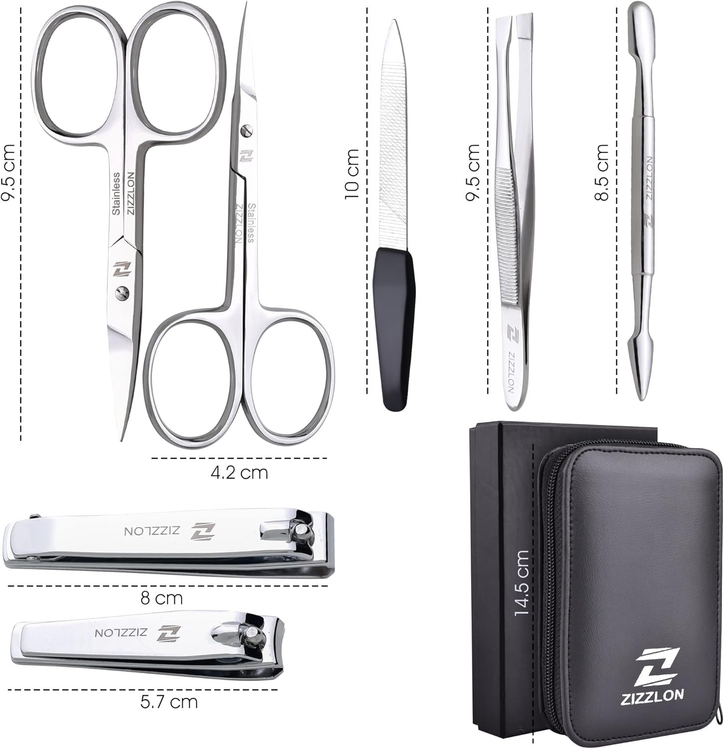 Manicure Set - Cuticle Scissors, Nail and Eyebrow Scissors, Nail Clippers, Cuticle Pusher, Nail File, Eyebrow Tweezers - Professional Mens Grooming Kit (7 in 1) - Image 8