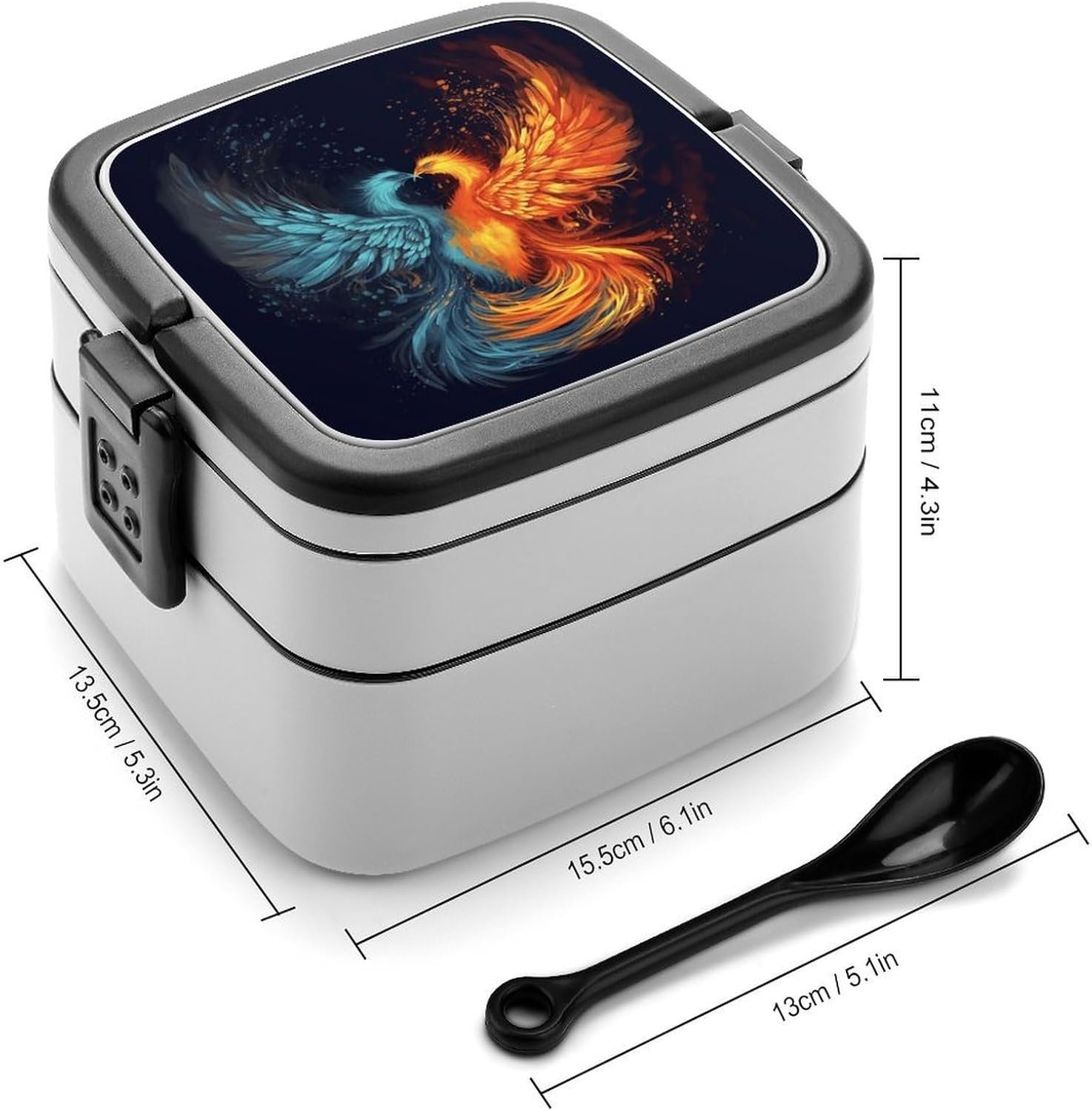 Fire And Water Phoenix Bento Box with Spoon, 2-layer Stackable Lunch Box Leak Proof with Invisible Handle, Insulated Food Storage for Office, Picnic & Travel - Image 3