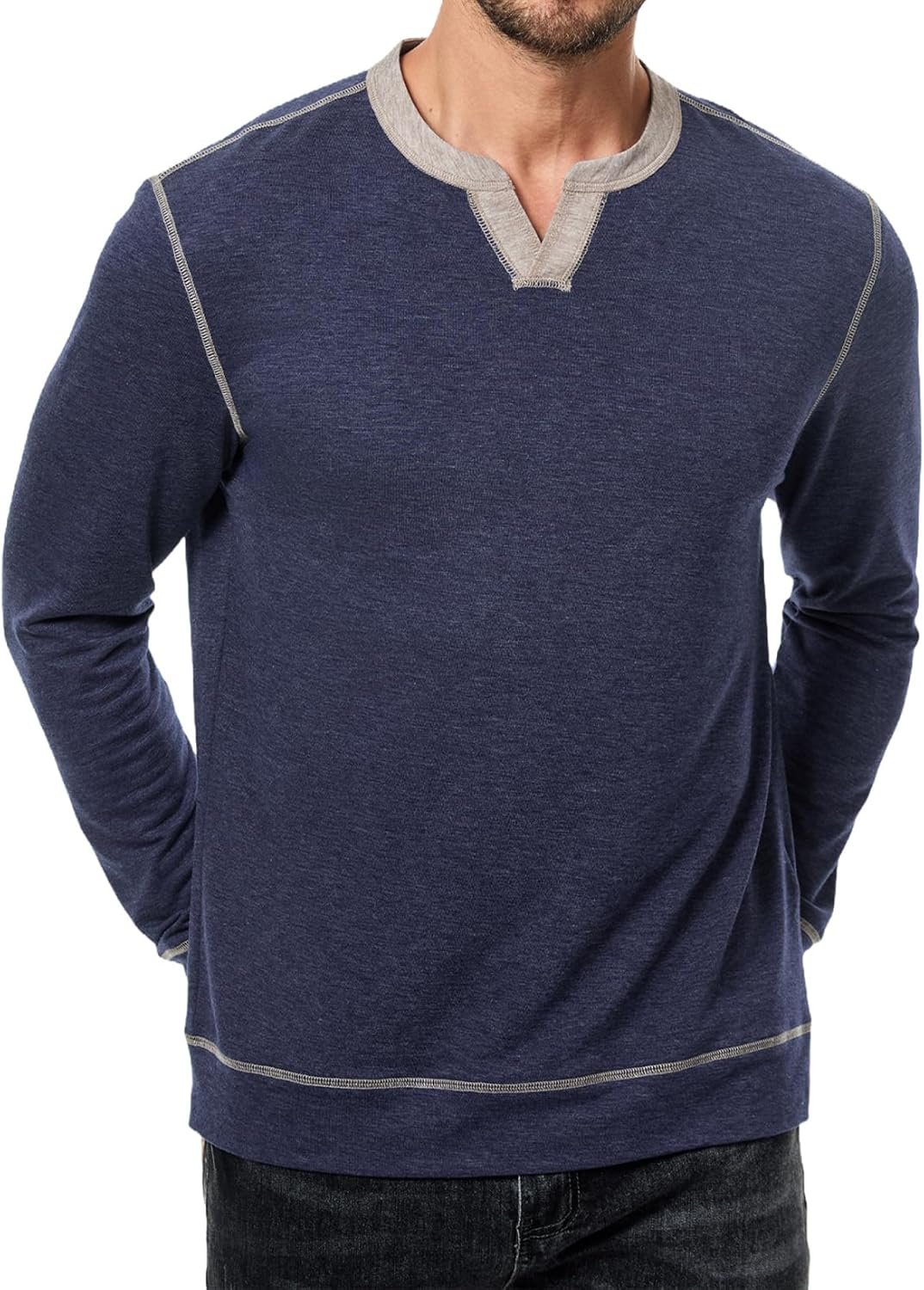 JMIERR Men's Slim Henley Shirts V-neck Longline T-Shirt Casual Lightweight Sweatshirts Fitted Raglan Sleeve Tees Shirts - Image 3