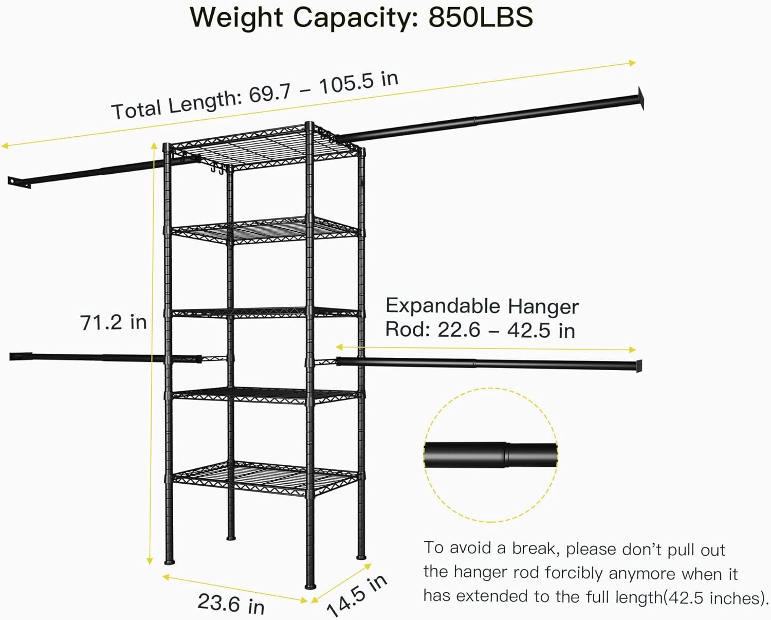 Ulif M2 Closet Organizer System, 5.9 Feet Height Mounted to the Wall Garment Rack with 4 Expandable Hanger Rods, 5 Shelves in 23.6" L x 14.5" W, Suit Total Space from 5.8-8.8 ft, Black - Image 8