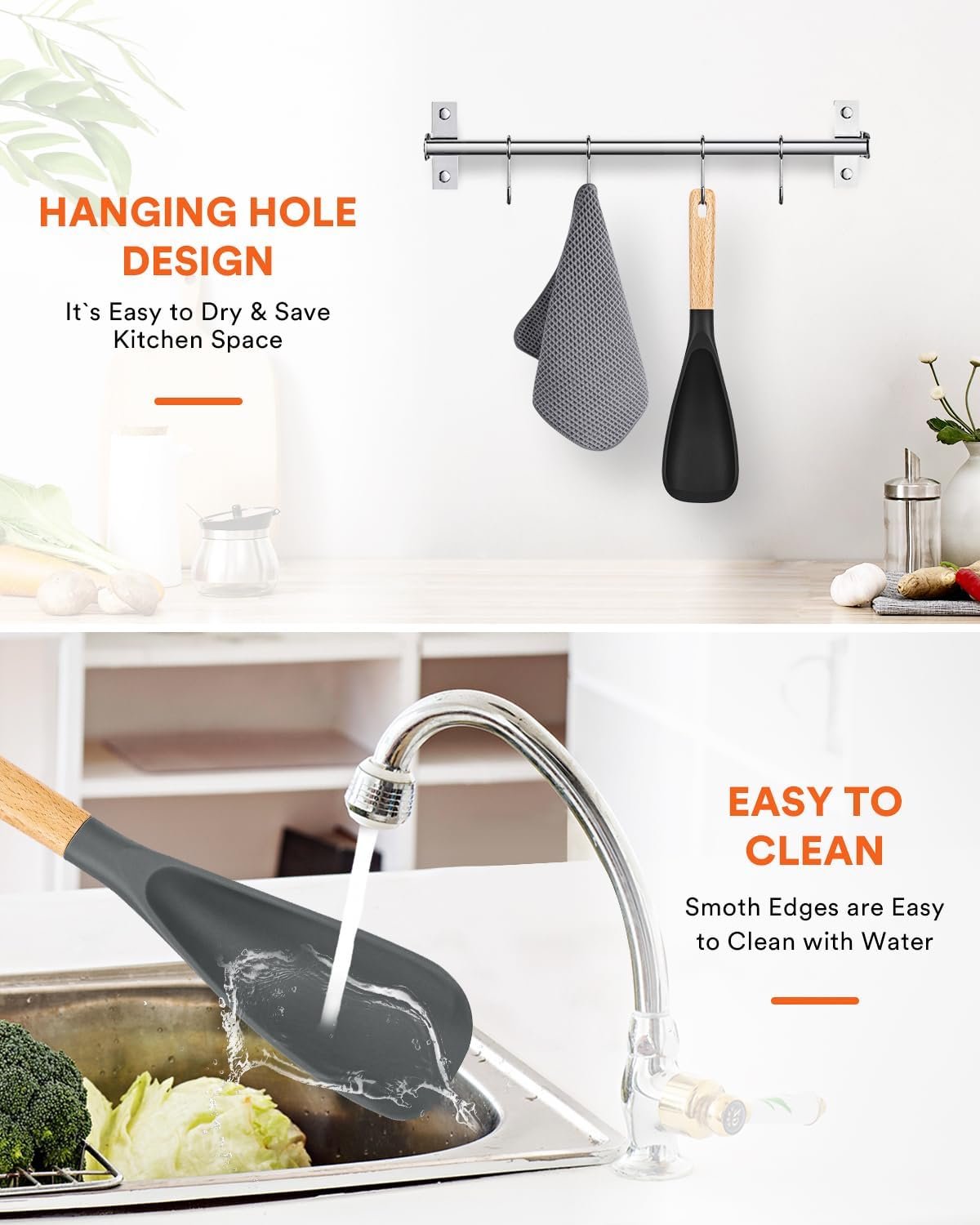 Cooking Spoon for Nonstick Cookwares, Great for Cooking and Serving Sturdy BPA-Free Matte Silicone, Wood Handle Spoon for Mixing, Scoop, and Scrape (Black & Grey, 11.4 inch) - Image 8