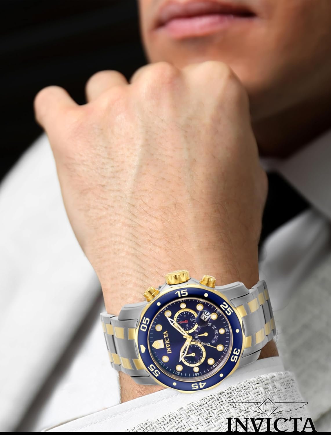 Invicta Men's Pro Diver Scuba 48mm Two Tone Stainless Steel Chronograph Quartz Watch, TT/Blue (Model: 0077) - Image 3