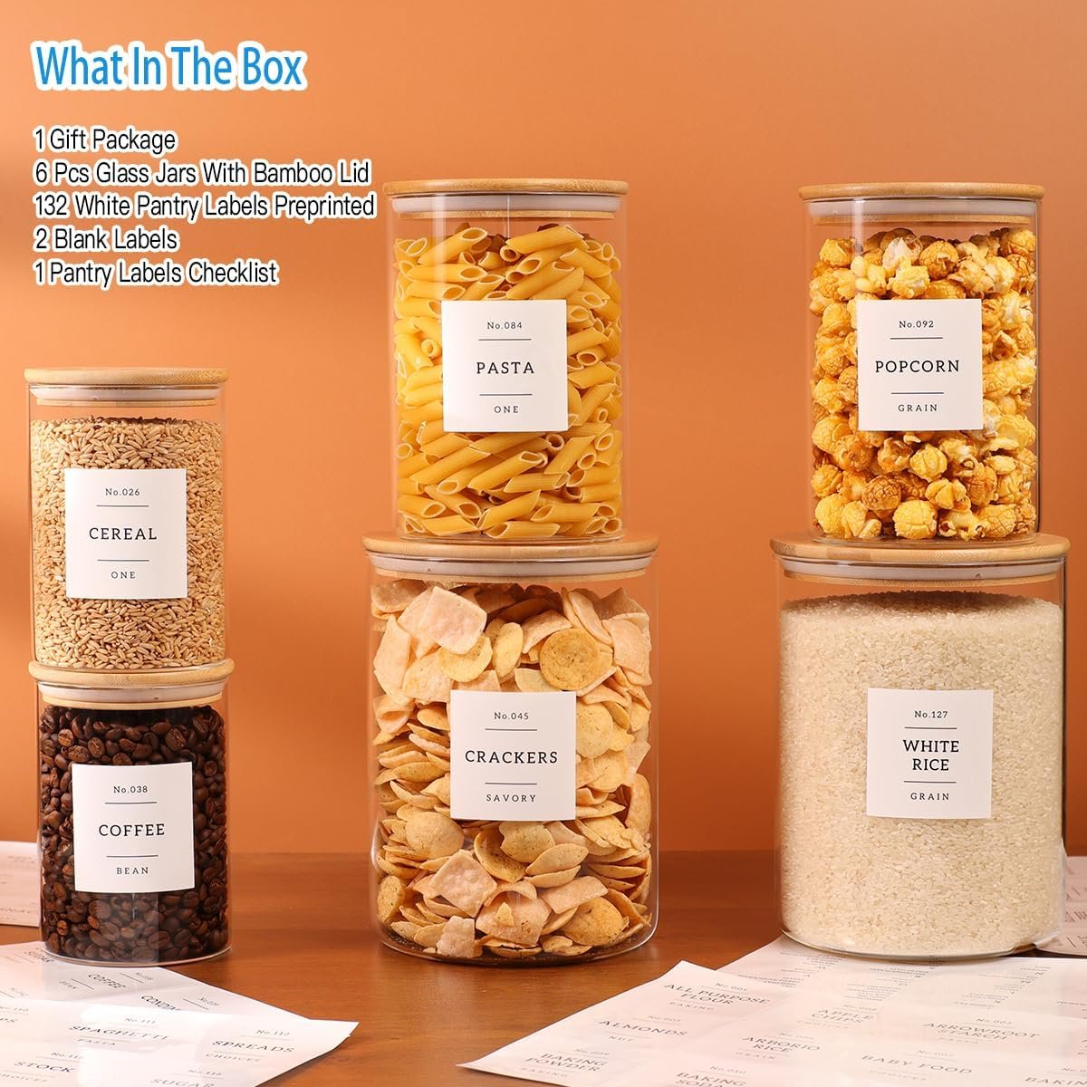 6-Pack Borosilicate Glass Storage Jars with Bamboo Lids + 132 Pre-Printed Pantry Labels Included, BPA-Free Thicken Airtight Containers for Flour, Sugar, Rice, Microwave & Freezer Safe(100OZ/54OZ/27OZ) - Image 7