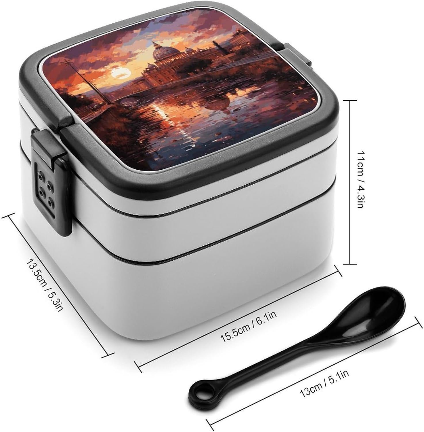 Rome Sunset Bento Box with Spoon, 2-layer Stackable Lunch Box Leak Proof with Invisible Handle, Insulated Food Storage for Office, Picnic & Travel - Image 3