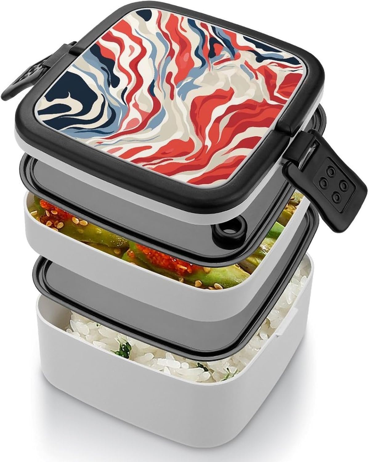 Red And White Bento Box with Spoon, 2-layer Stackable Lunch Box Leak Proof with Invisible Handle, Insulated Food Storage for Office, Picnic & Travel - Image 5