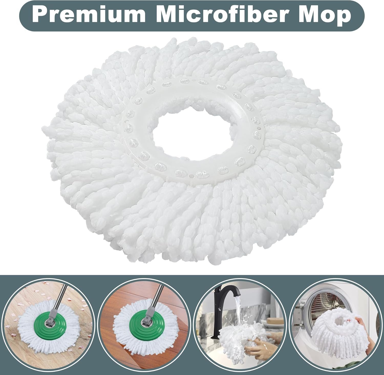 Dual Compartment Spin Mop and Bucket, Mop and Bucket with Wringer Set,360°Rotating Spinning Mopping for Floor Cleaning with 3 Microfiber Replacement Heads, 61" Extended Handle, 2X Wheel - Deep Green - Image 7