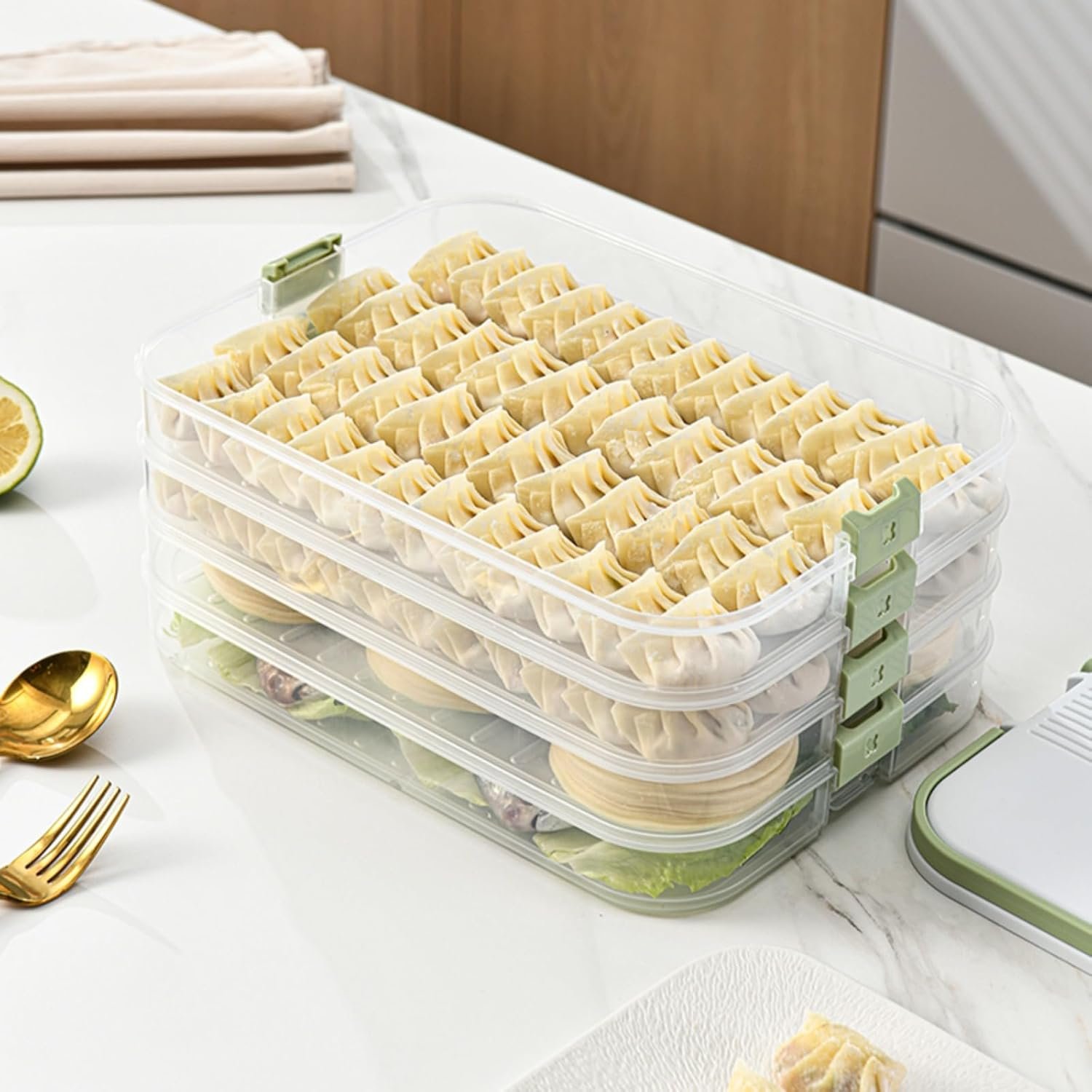 Dumplings Storage with 4 Layers, Stackable with Buckle, Lid & Handle for Cookies Wonton Donuts Box Organizer For Fridge, Milk-Brown - Image 9