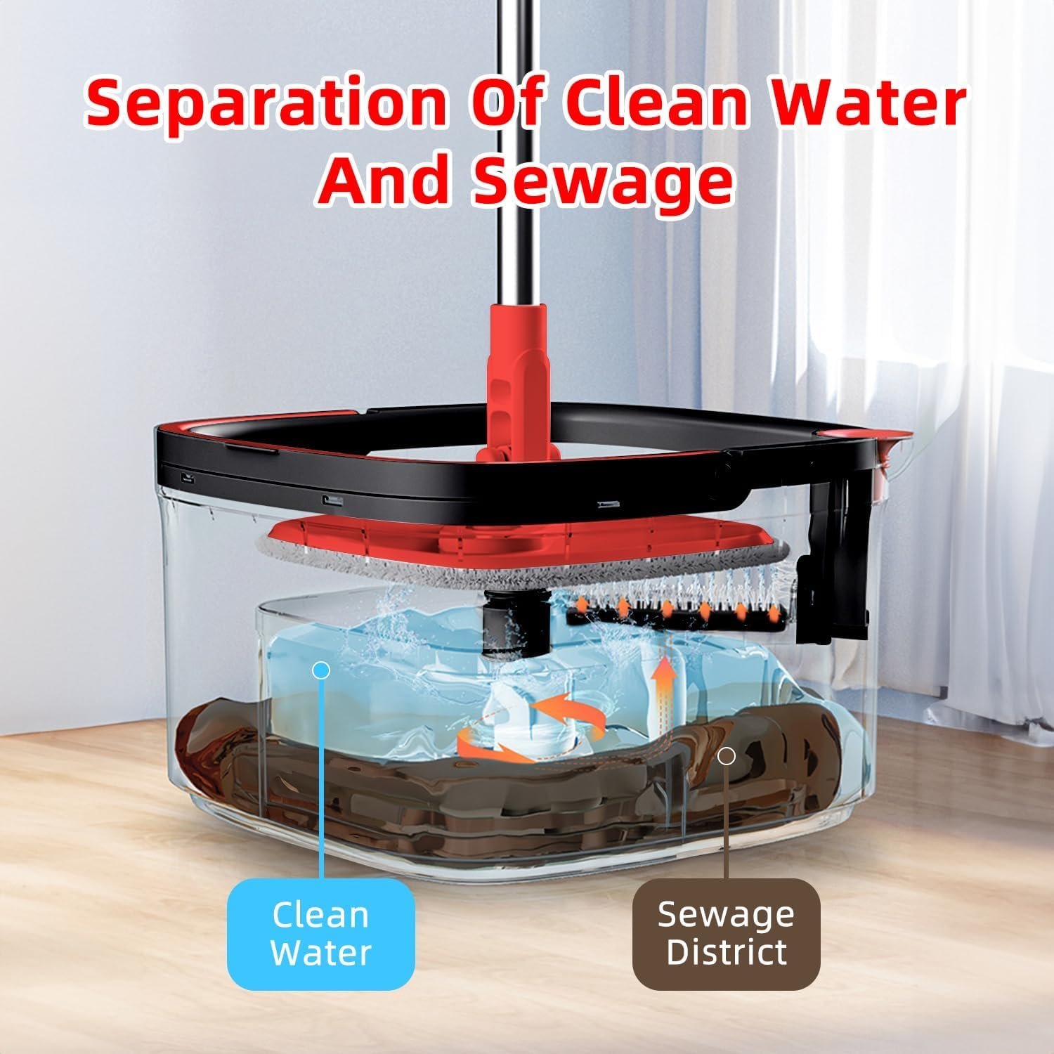 KZKR Spin Square Mop and Bucket Set with 2 Replaceable Microfiber Pads and Self Separation Dirty and Clean Water System, Self Wringing 360° Rotating Mops Head for Home Floors Cleaning - Image 6