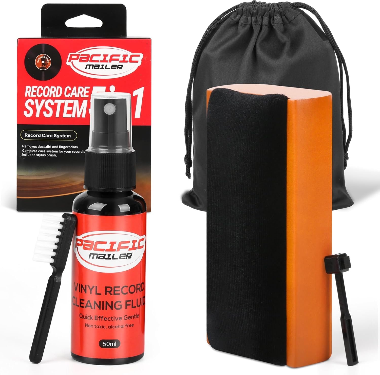 5 in 1 Vinyl Record Cleaning Solution Kit, Includes Soft Velvet Record Brush, Vinyl Cleaning Liquid, Stylus Cleaner & Brush and Carry Pouch - Image 2