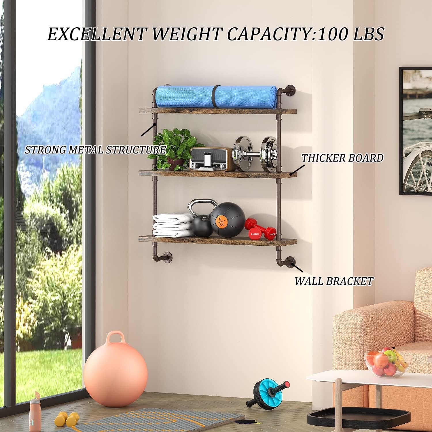 Helsin 3 Tier Industrial Pipe Shelf Rustic Wood Floating Shelves,Wall Display Bookshelf,Storage Rack Sundries Holder for Kitchen Office Bathroom Organization and Home Decor (24inch) - Image 5