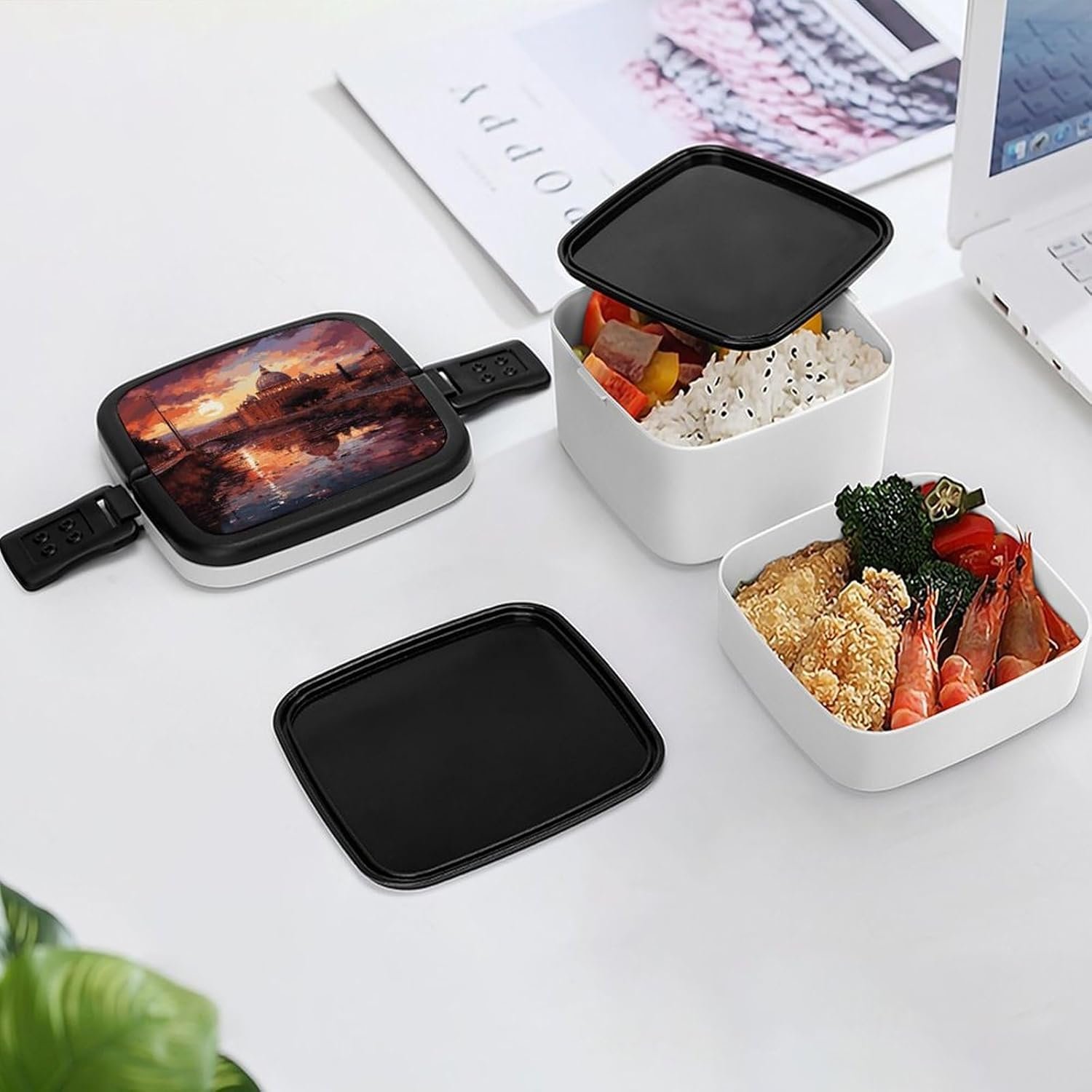 Rome Sunset Bento Box with Spoon, 2-layer Stackable Lunch Box Leak Proof with Invisible Handle, Insulated Food Storage for Office, Picnic & Travel - Image 8