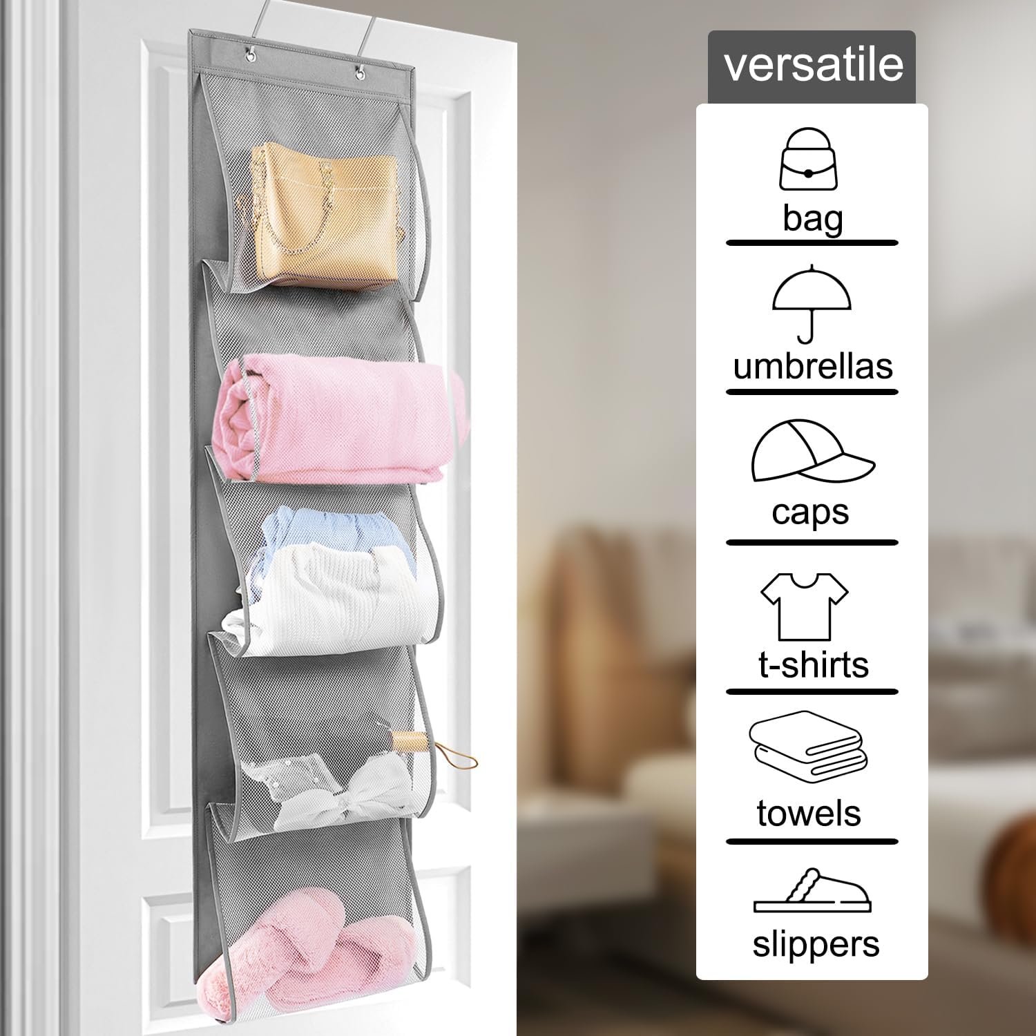 2 Pack Over the Door Hanging Vinyl Organizer Embroidery Stabilizer Holder Purse Storage for Closet Bath Towel Hanger Scarf Container 5 Large Pockets (One Side) - Image 3