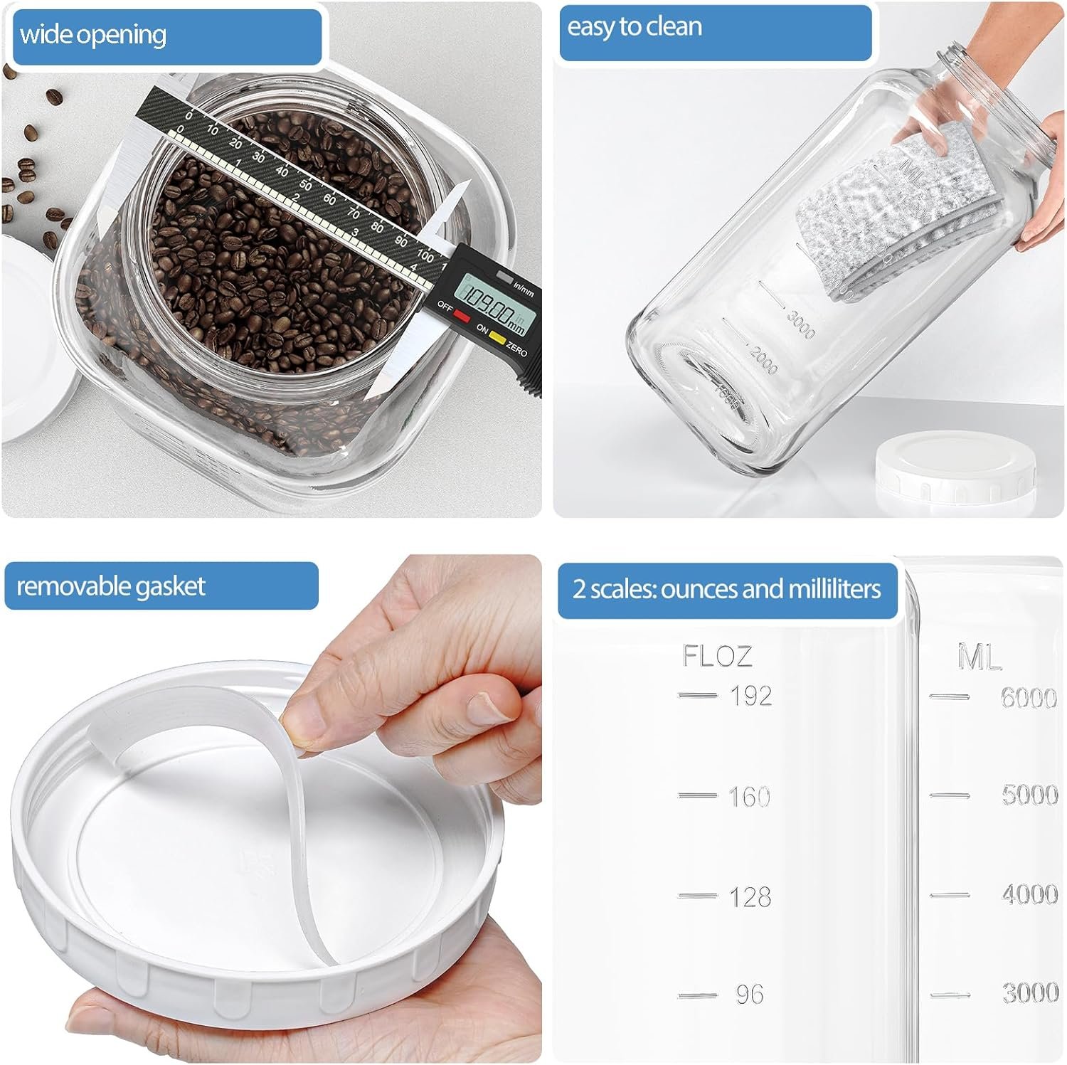 1 Pack 2 Gallon Glass Jar with Lid(7600ML/256 FL Oz), Storage Jars with AIRTIGHT Lid AND Stainless Steel Handle, Wide Mouth Glass Flour Sugar Storage Containers with Scale Mark for Flour, Sugar - Image 4