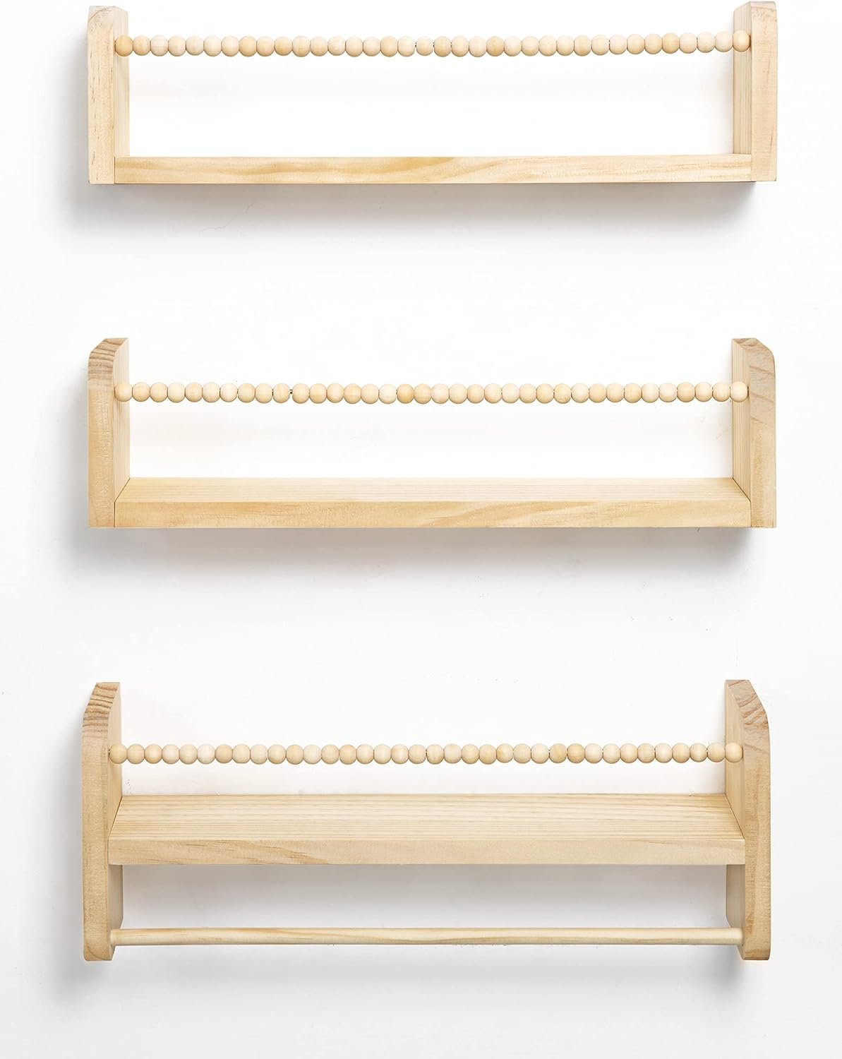 Nursery Floating Shelves for Wall, Set of 3 Book Shelves Natural Wood Wall Mounted Organizer with Towel Bar Hanging Bookshelves Nursery Decor for Kids Room, Bedroom and Kitchen - Image 9