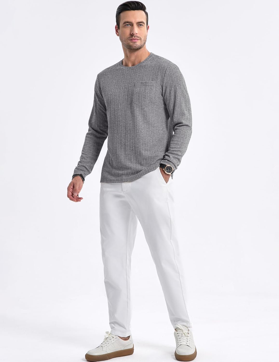 JMIERR Men's Long Sleeve Shirts Casual Crewneck Pullover T-Shirt Stretch Textured Knit Tee with Pocket - Image 7