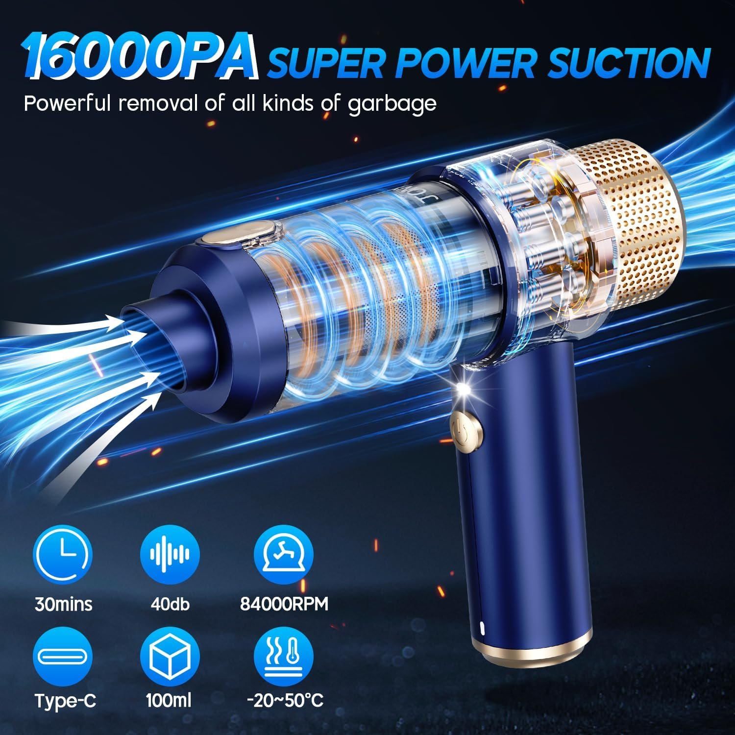 JONYJ Handheld Car Vacuum Cleaner, 16000PA Hand Held Vacuum Portable Cordless, 2 in 1 Air Duster and Vacuum Cleaner with LED Light, Multi-Nozzles, 120W High Power Mini Vacuum for Home, Pet, Office - Image 4