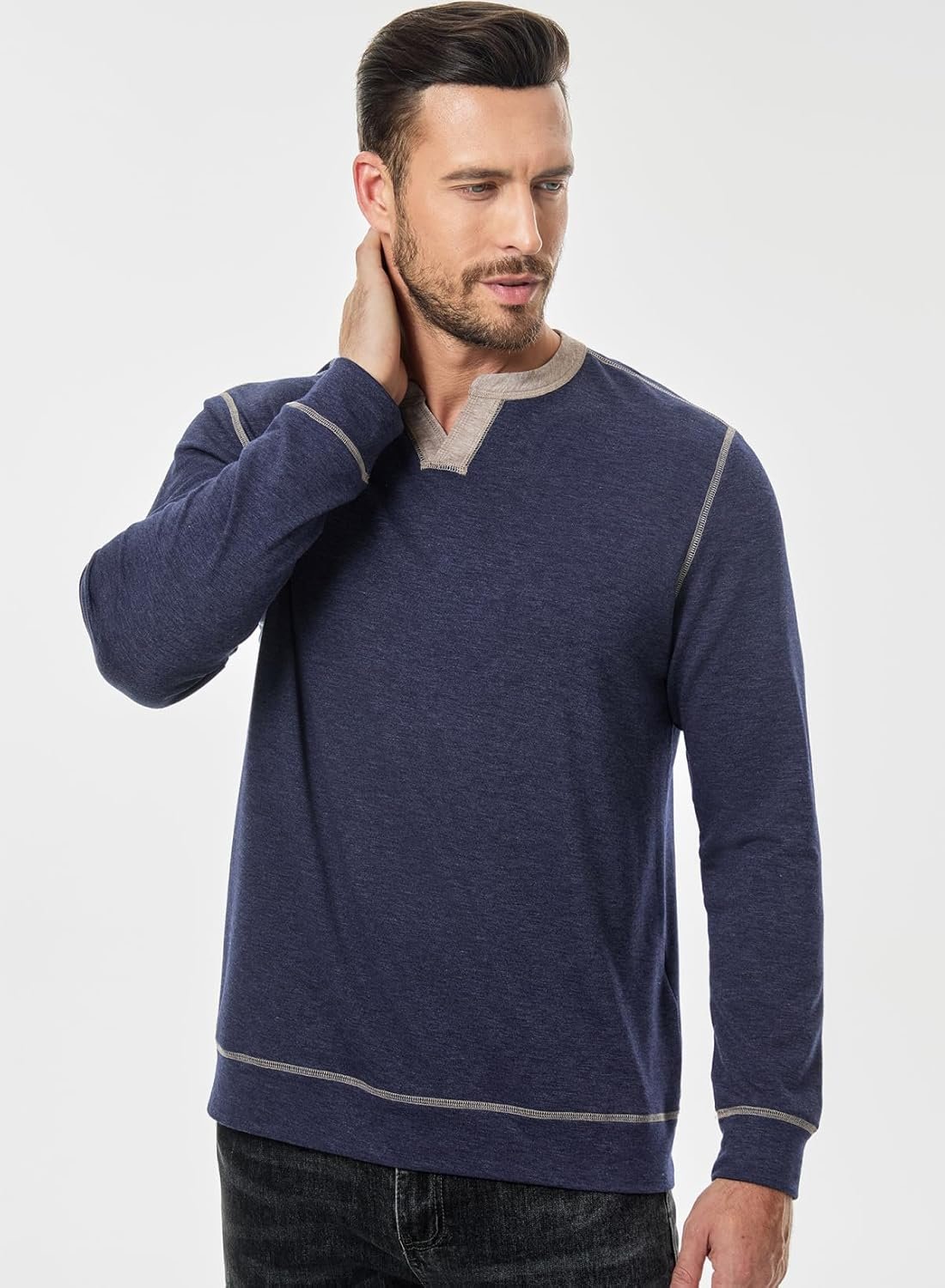 JMIERR Men's Slim Henley Shirts V-neck Longline T-Shirt Casual Lightweight Sweatshirts Fitted Raglan Sleeve Tees Shirts - Image 9