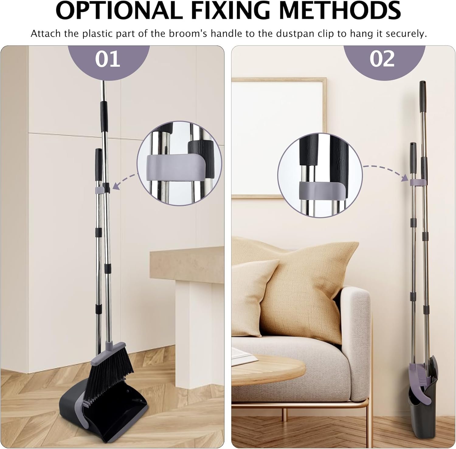 Broom and Dustpan Set, Dustpans with Broom Combo for Home, Heavy Dust Broom and Dustpan Combo, Long Handle Dust Pan and Broom Set for Kitchen, Office, Pet Hair, Charcoal Color, Pack of 1 - Image 8