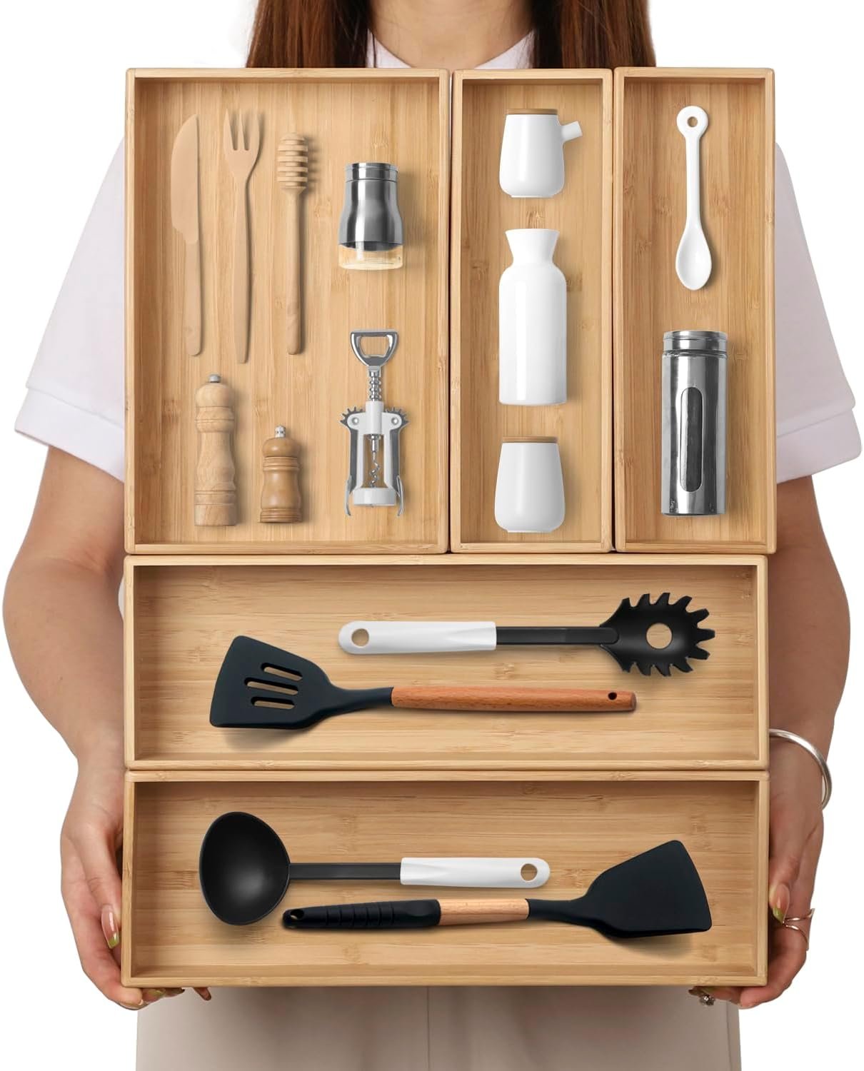 Stack Bamboo Drawer Organizer Set of 5, Kitchen Utensil, Flatware&Silverware Organizer-Wood Laminated Stackable for Kitchen, Bedroom, 13.4''x4.5''*2+10.2''x3.3''*2+10.2''x6.7''*1 - Image 2